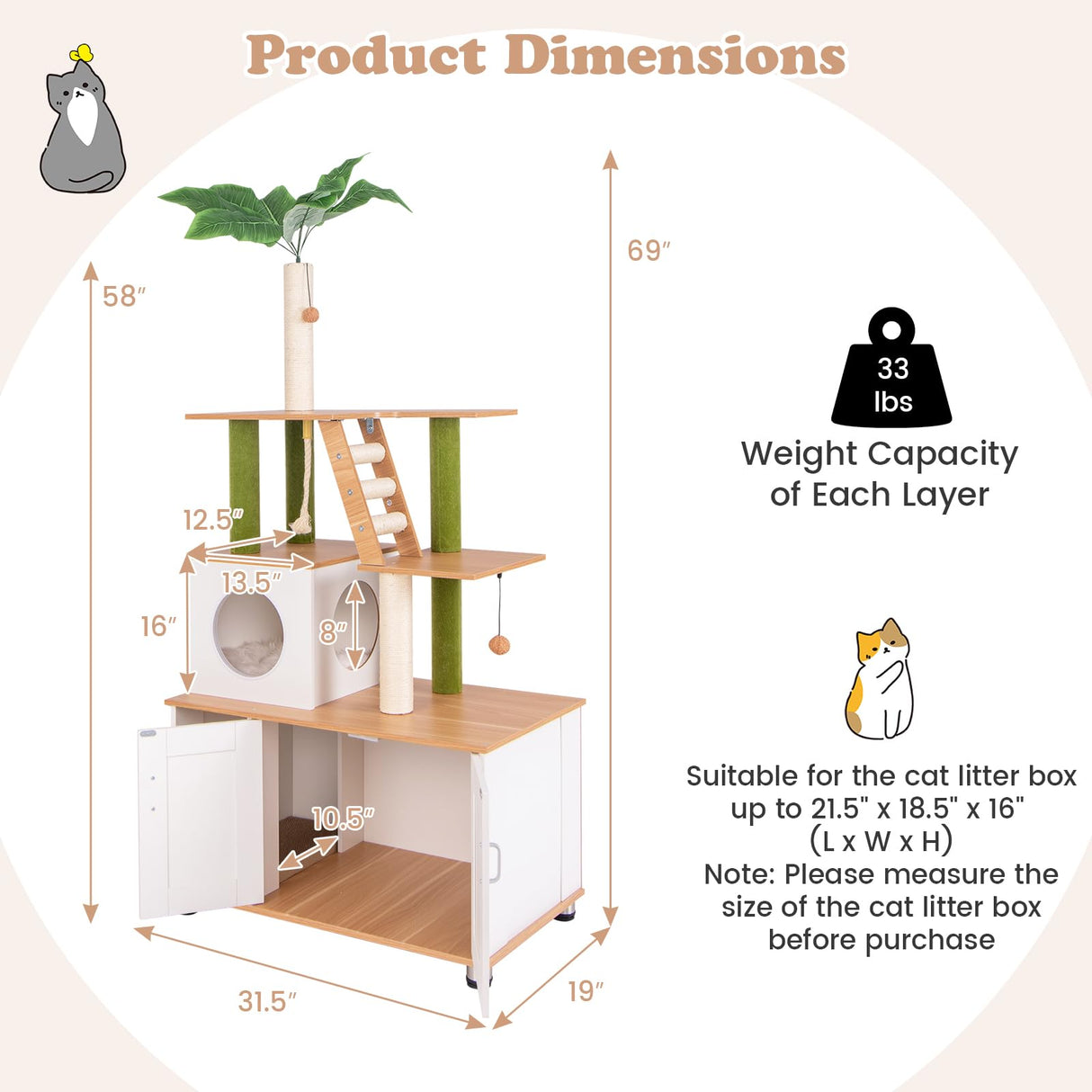 Tangkula Cat Tree with Litter Box Enclosure, 2-in-1 Cat Tower with Condo, Sisal Scratching Posts, Hanging Rope, Dangling Balls, Scratching Pad, Hidden Litter Box Furniture for Indoor Cats (White) Tangkula