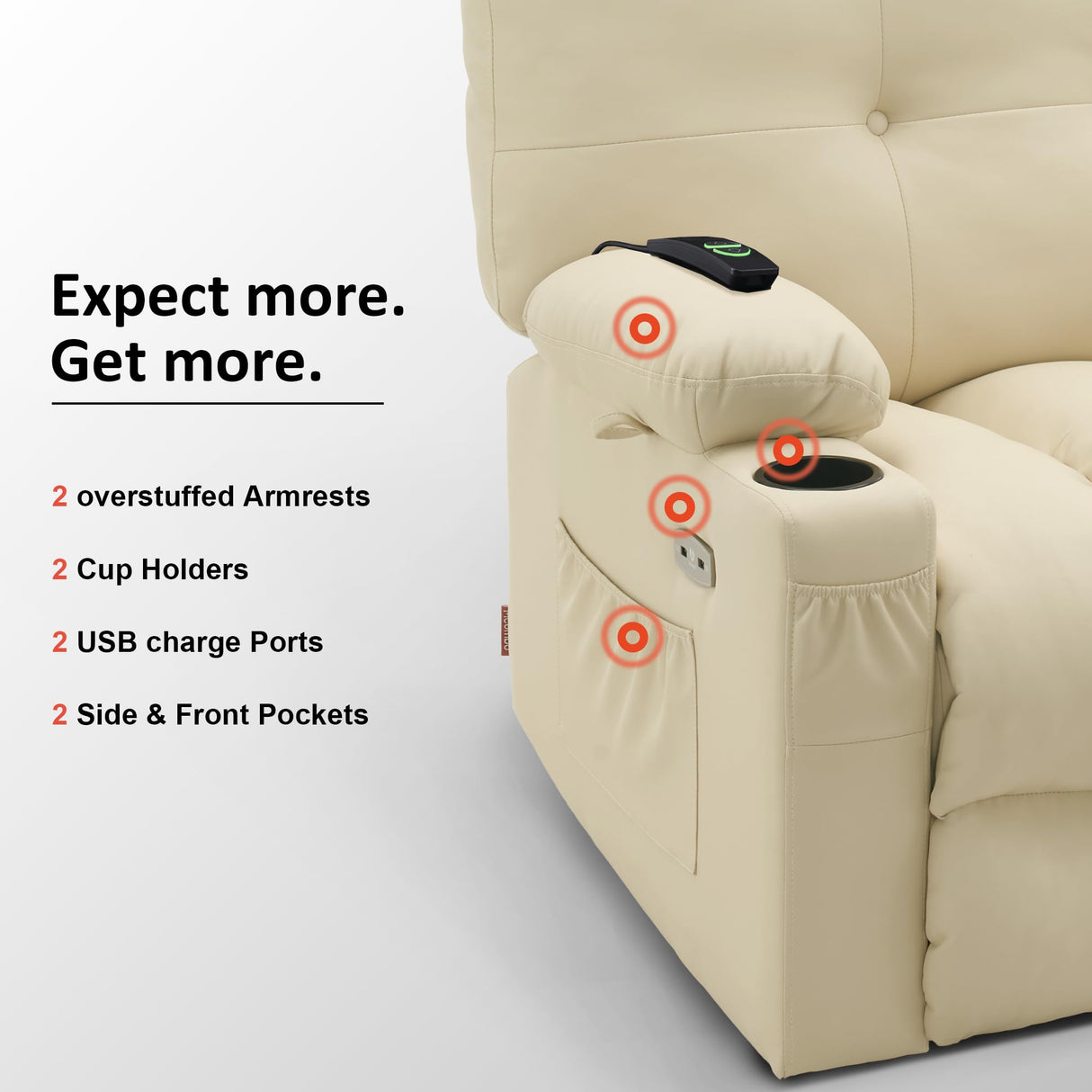 MCombo Large Power Swivel Glider Rocker Recliner Chair with Vibration and Heat for Nursery and USB Ports, Cup Holders and Pockets, Faux Leather 7748 (Cream White, Large) MCombo