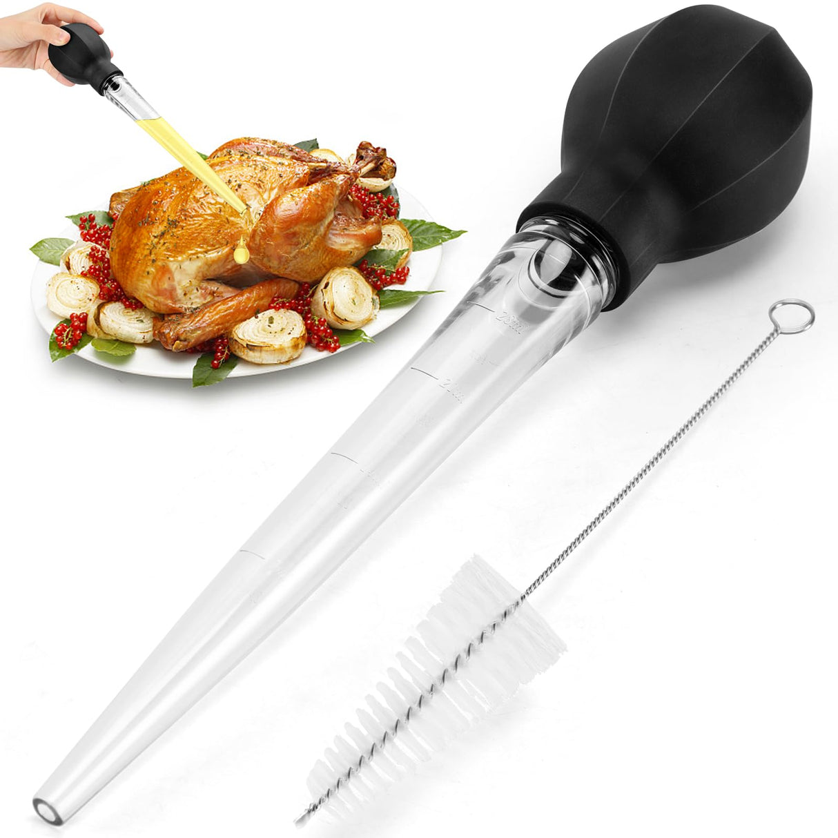 SCHVUBENR Large Turkey Baster with Cleaning Brush - Premium Baster Tool for Cooking - Easy to Use and Clean - Powerful Bulb Baster Syringe - Dishwasher Safe - Flavor Meat Poultry, Beef, Chicken(Black) SCHVUBENR