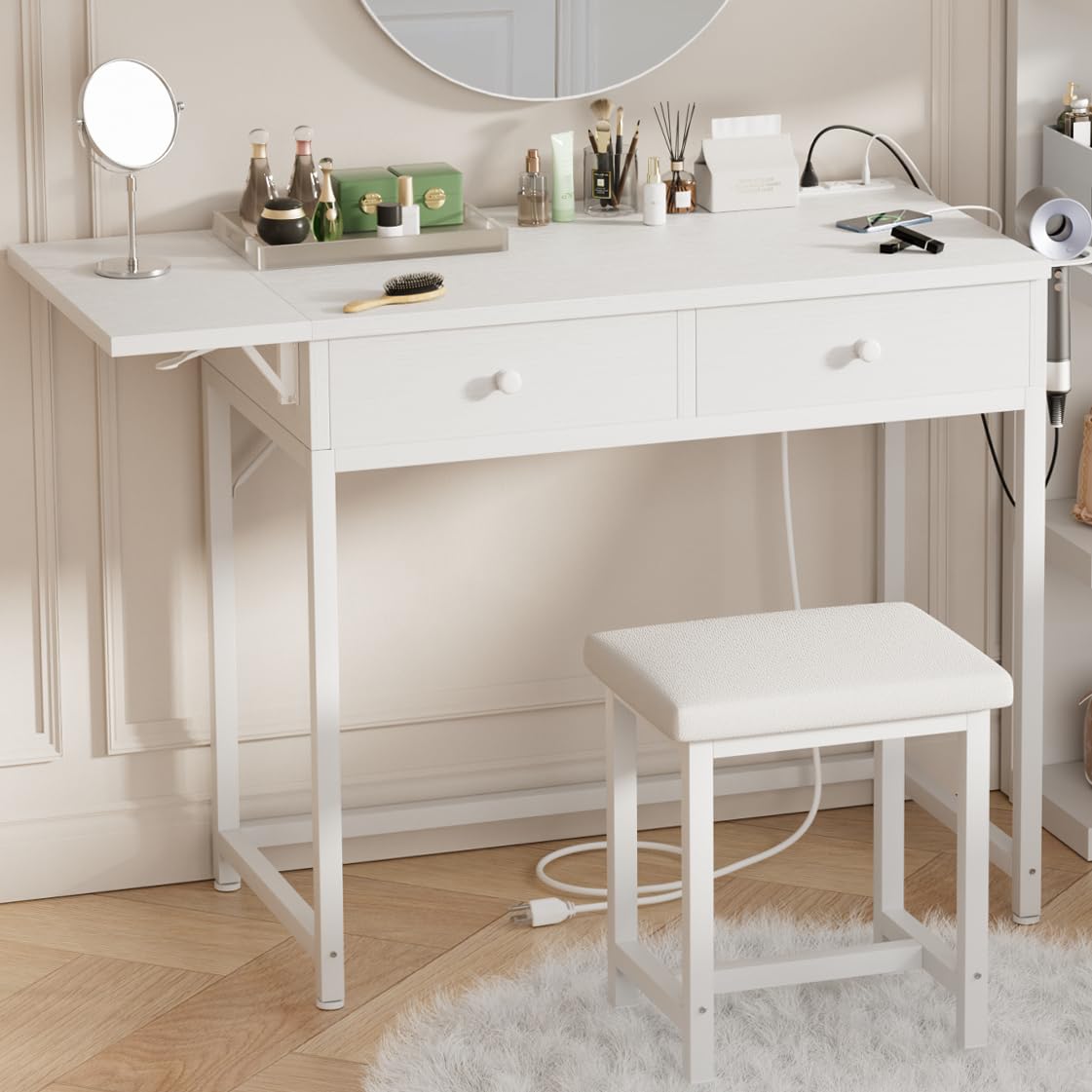 KAI-ROAD Small Makeup Vanity Desk No Mirror White Vanitys Table Set with Wood Drawers and Chair Stool, Outlets & Foldable Countertop for Bedroom Schminktisch Modern KAI-ROAD