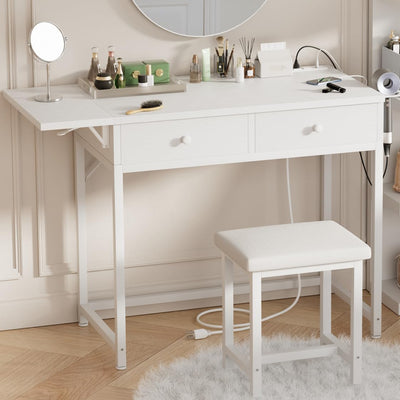 KAI-ROAD Small Makeup Vanity Desk No Mirror White Vanitys Table Set with Wood Drawers and Chair Stool, Outlets & Foldable Countertop for Bedroom Schminktisch Modern