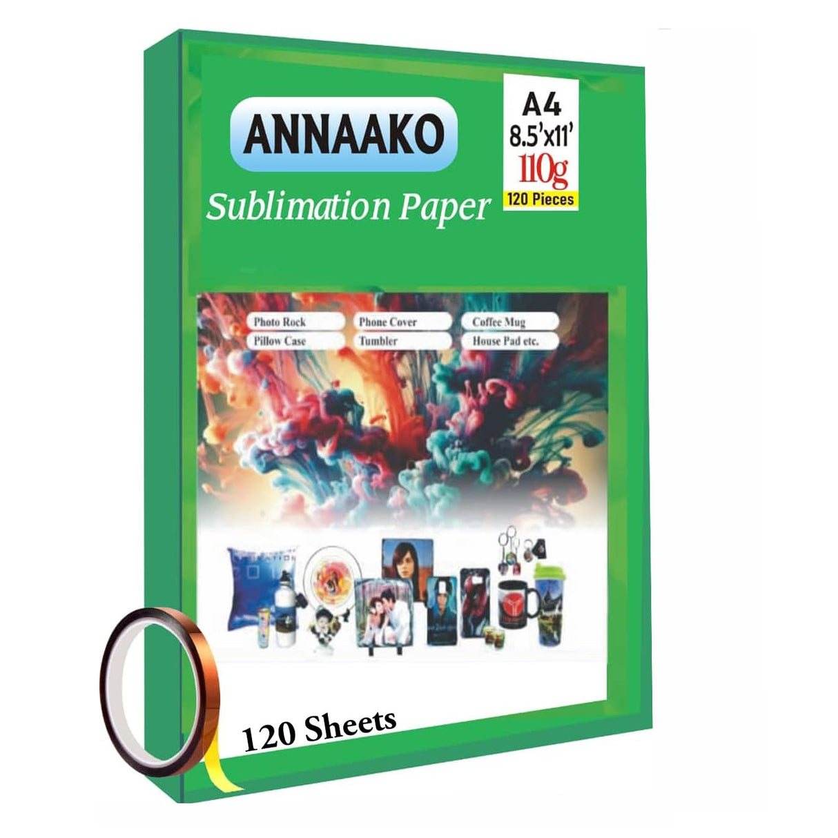 Sublimation Paper 120 Sheets 8.5 x 11 Inches for Any Inkjet Printer with Sublimation Ink Epson, Sawgrass, Heat Transfer Sublimation for Mugs T-shirts Light Fabric(FREE 1 Roll Heat Tape) Annaako