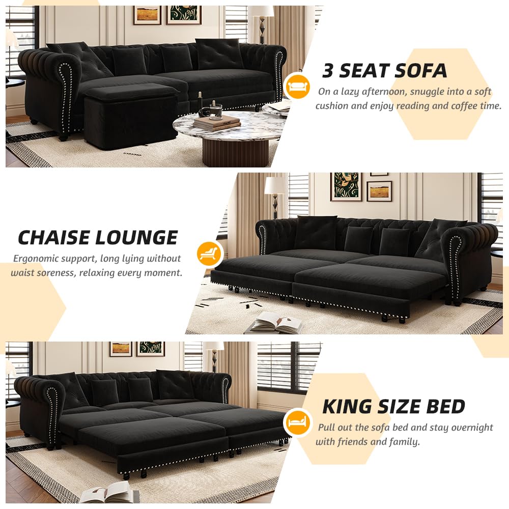 Tabaray 89'' Pull 0ut Sofa Bed King, Chesterfield Velvet Sleeper Sofa, Convertible L-Shaped Futon Couch, Tufted Back, 4 Pillows, Ottoman, Deep Seat Loveseat Couches for Living Room, Apartment, Black Tabaray