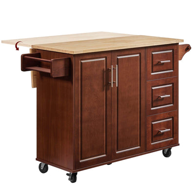 Lyromix Walnut 54" Rolling Kitchen Island Cart with Storage, Large Kitchen Cart with Folding Drop Leaf Breakfast Bar, Wood Island Table for Kitchen with 3 Drawers and Spice Rack & Towel Rack, Brown