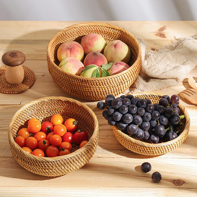 Rattan Bread Basket, Hand Woven Fruit Basket, Wicker Serving Basket Bowl, Decorative Baskets for Kitchen Counter Organizing, Set of 3 (Round) XIMISISE