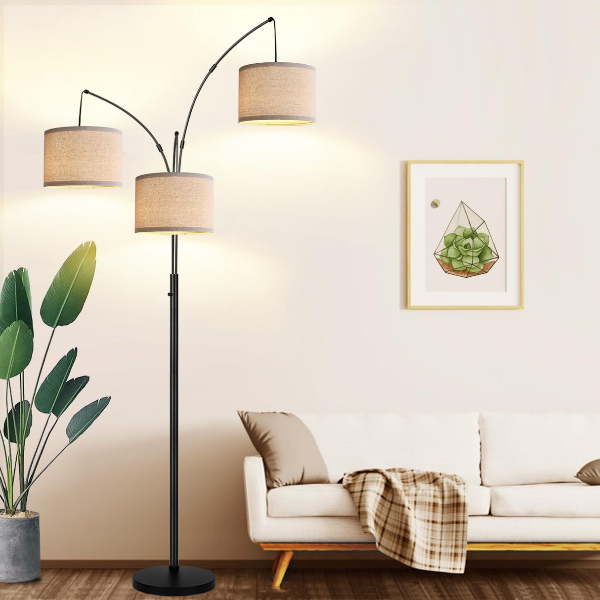 Dimmable Floor Lamp - 3 Lights Arc Floor Lamps for Living Room, 1000LM Modern Tall Standing Lamp With Beige Shades & Heavy Base, Mid Century Tree Floor Lamp for Bedroom Office, 3 LED Bulbs Included Nintiue