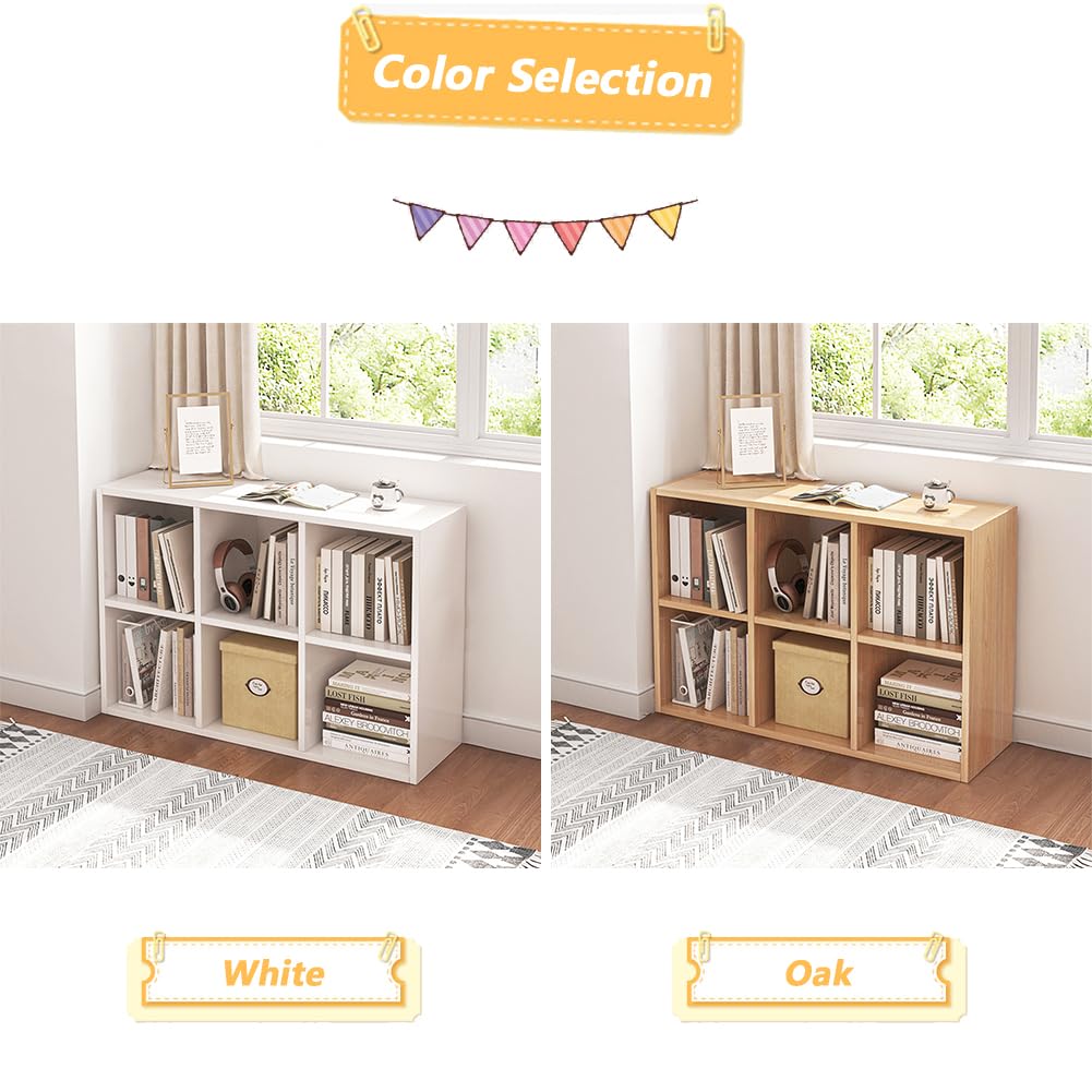 NELYE 6 Cube Organizer Bookcase - Fabric Storage Bins Container, Open Shelf Simple Compartments Bookshelf, Oak NELYE
