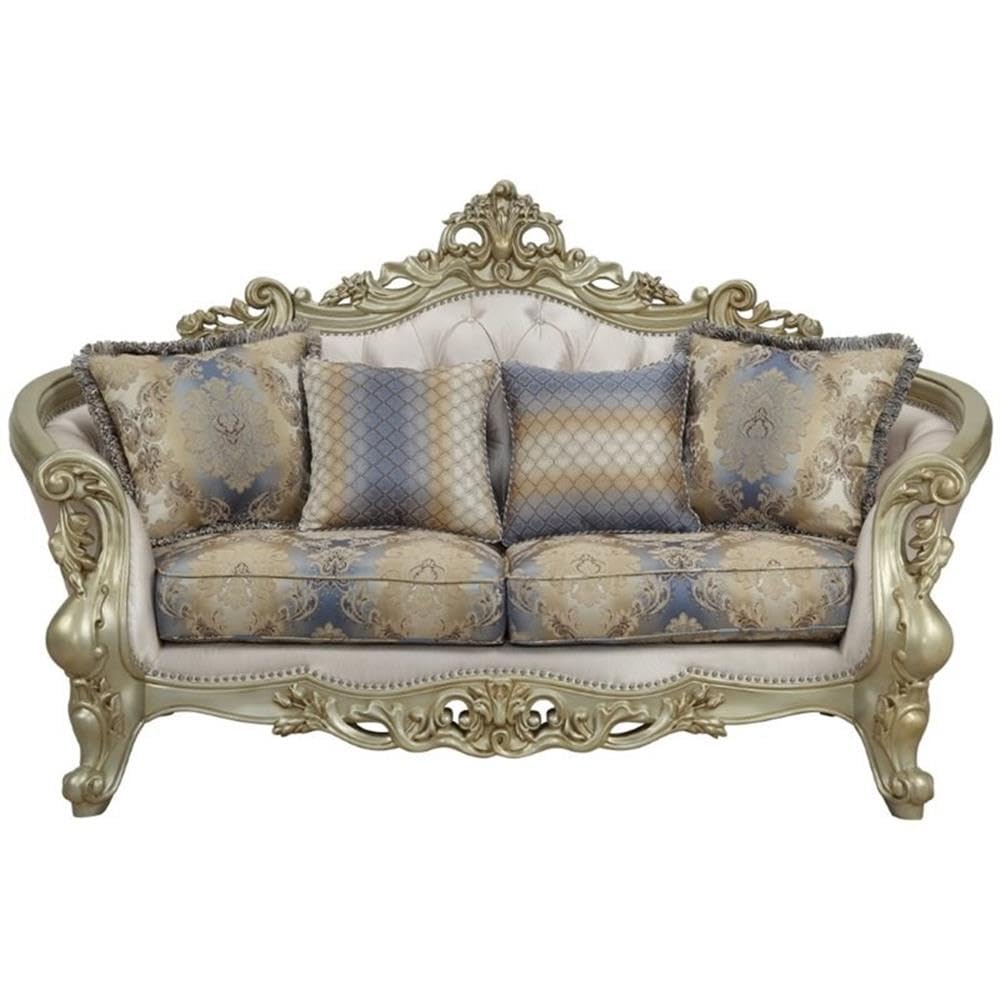 Acme Gorsedd Loveseat with 4 Pillows in Cream Fabric and Golden Ivory Acme