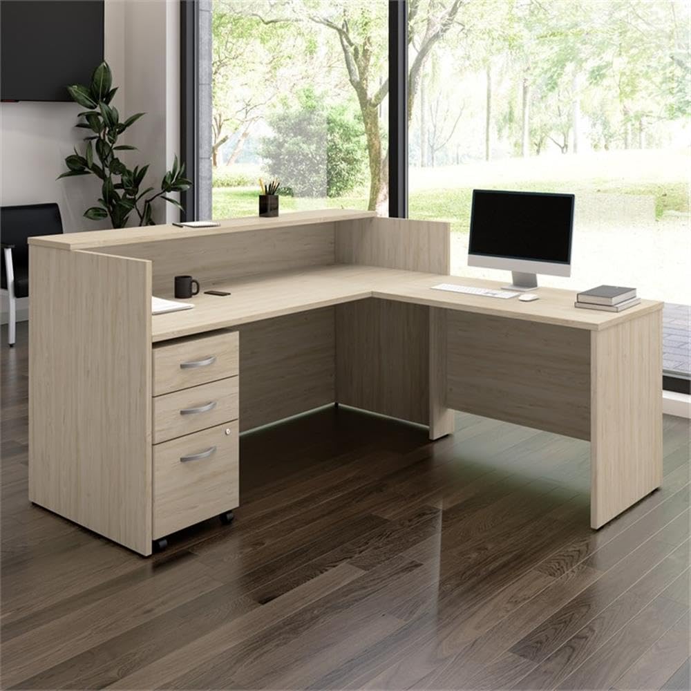 Bush Business Furniture Arrive 72W x 72D L Shaped Reception Desk with Shelf and Mobile File Cabinet in Natural Elm, Modern Receptionist Station for Office Waiting Room Bush Furniture