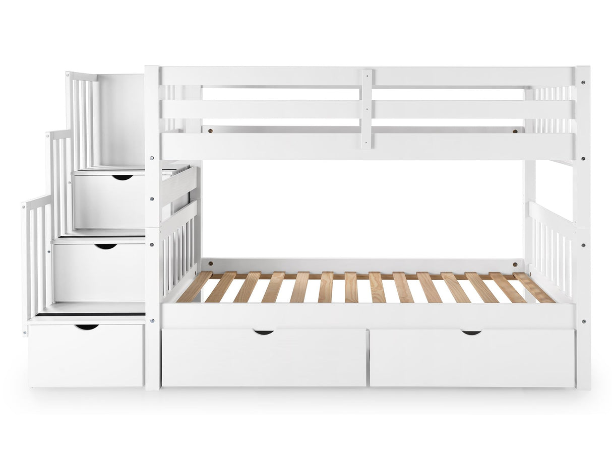 Bedz King Stairway Bunk Beds Twin over Twin with 3 Drawers in the Steps and 2 Under Bed Drawers, White Bedz King
