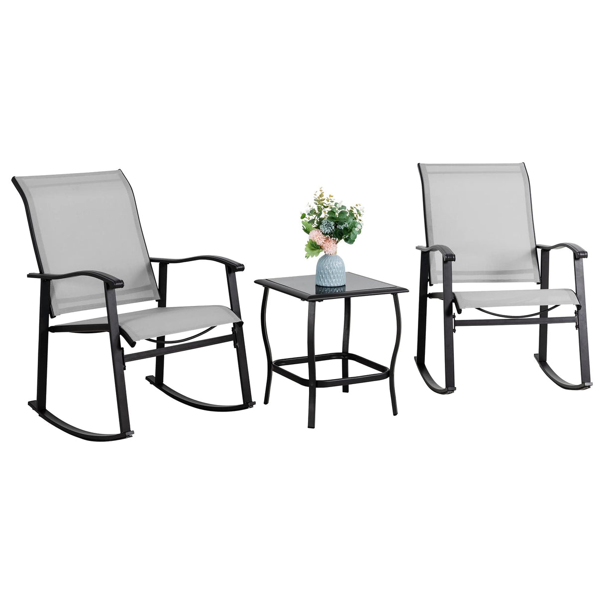 Vongrasig 3 Piece Outdoor Rocking Bistro Set, Textilene Fabric Small Patio Furniture Set, Front Porch Rocker Chairs Conversation Set with Glass Table for Lawn, Garden, Balcony, Poolside (Light Gray) Vongrasig