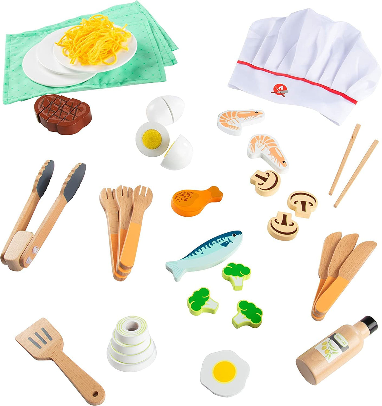 Hibachi Grill Wooden Kids Playset w/ Stools, Table Settings and Over 25 Toy Food Pieces - Noodles, Tongs, Meats, Veggies - Everything Your Little Chef Needs for Pretend Play Indoor Japanese Restaurant Svan