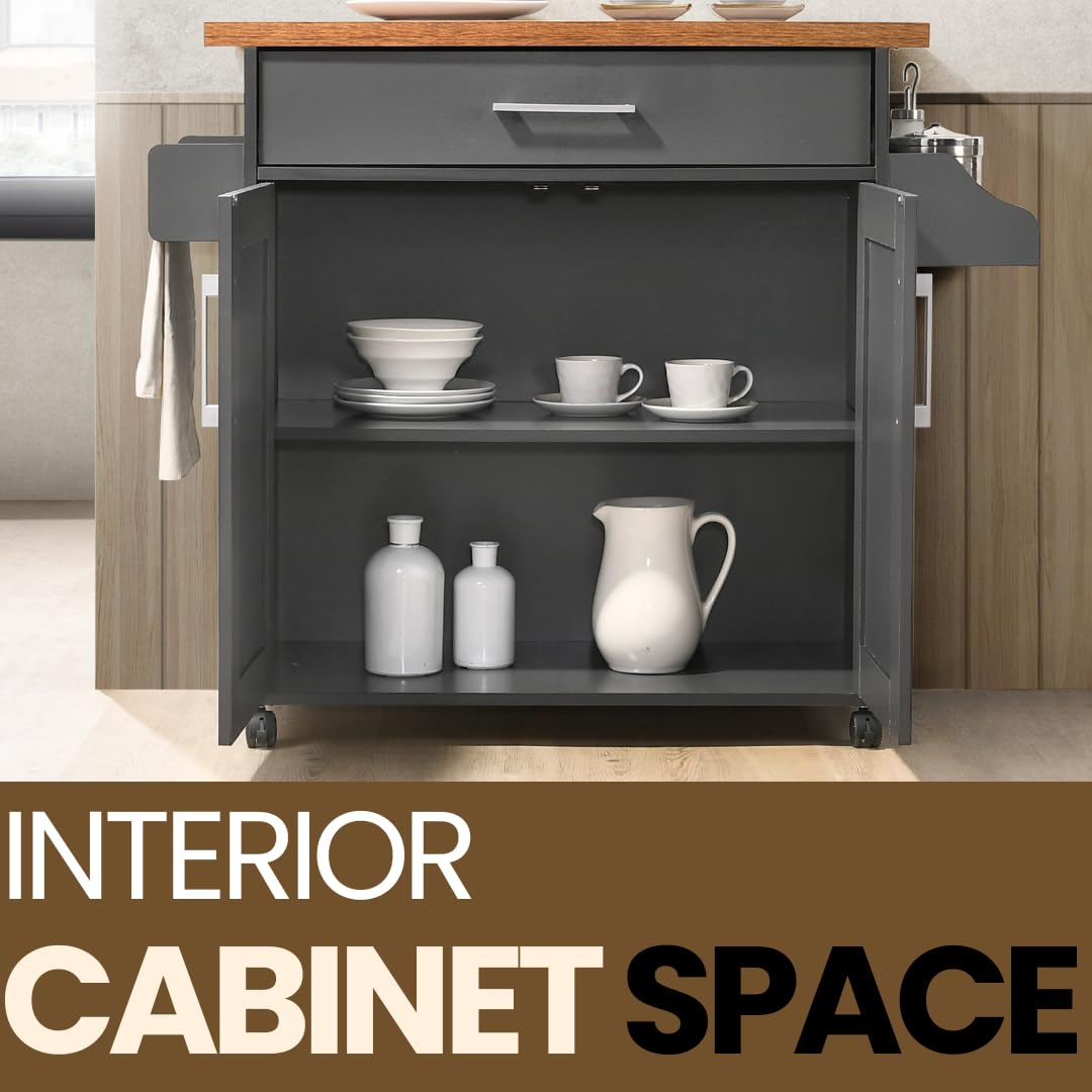 Hodedah Rolling Wood Kitchen Island Cart with Spice Rack, Towel Rack, Utensil Drawer plus Cabinet, White with Beech Top Hodedah