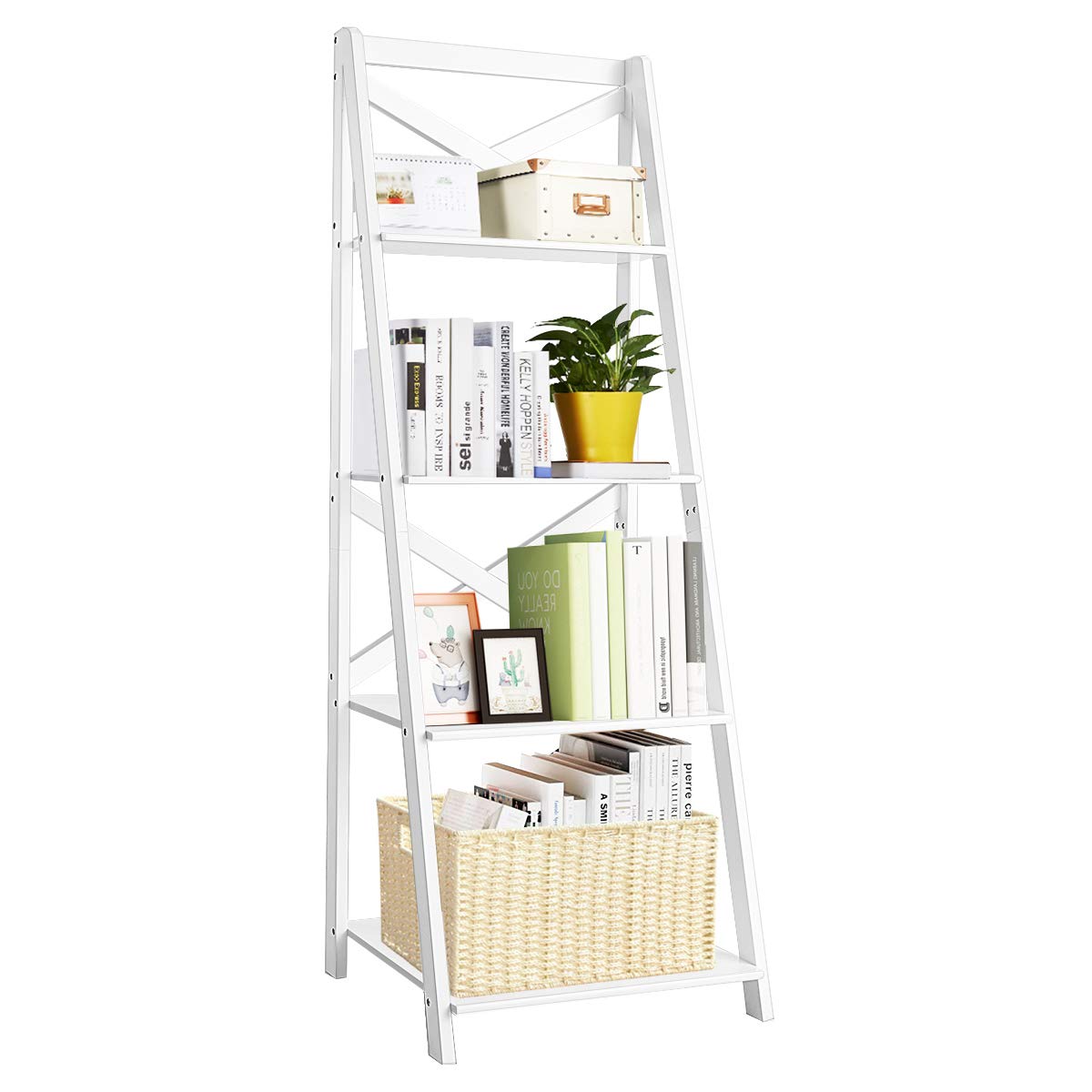 Tangkula 4-Tier Ladder Shelf Bookcase Leaning Free Standing Wooden Frame Decor Bookshelf Storage Flower Shelf Plant Display Shelf for Home Office (White, 1) Tangkula