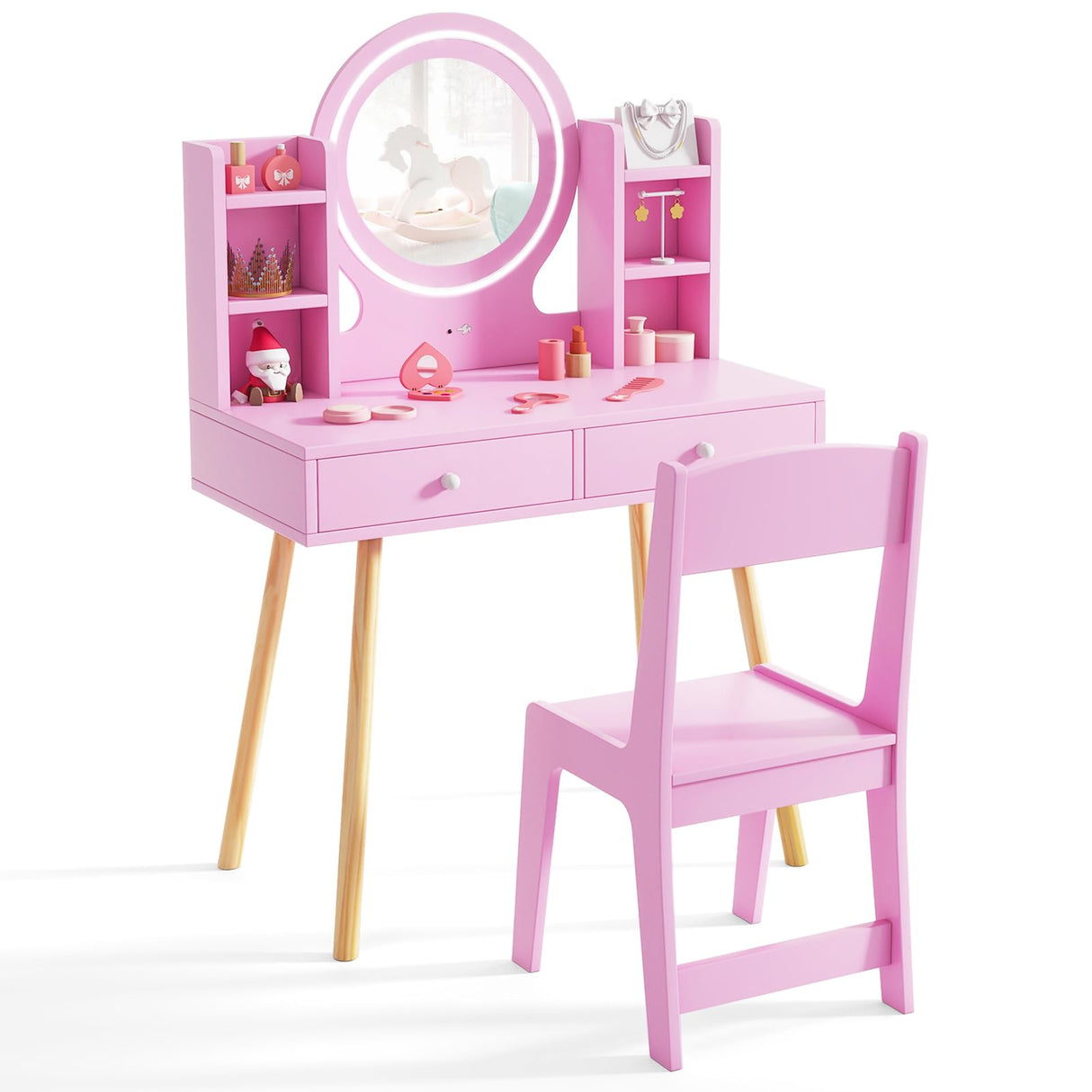 Costzon Kids Vanity, Girls Vanity Set with Mirror and Stool and Lights, Drawers, Storage Shelves, Wooden Toddler Makeup Vanity Desk Dressing Table, Pretend Play Kids Vanity Table and Chair Set (Pink) Costzon