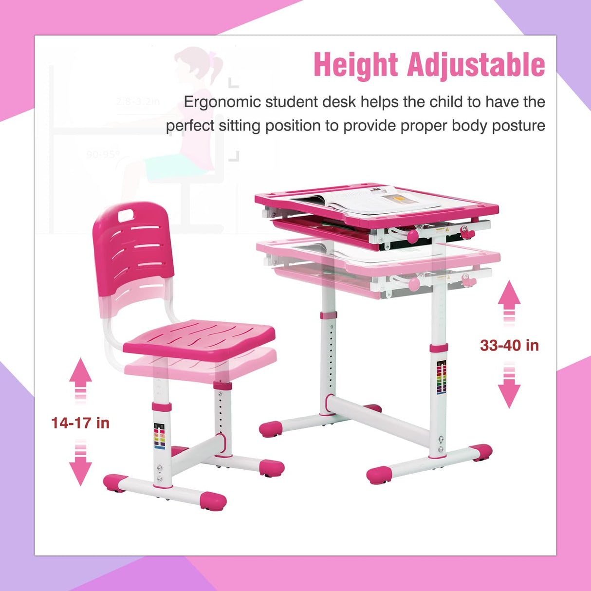 PayLessHere Kids Desk and Chair Set,Height Adjustable Study Desk for Kids with Pull Out Drawer Storage,Multi-function Study Desk and Chair for Writing, Reading and Drawing (Pink) PayLessHere