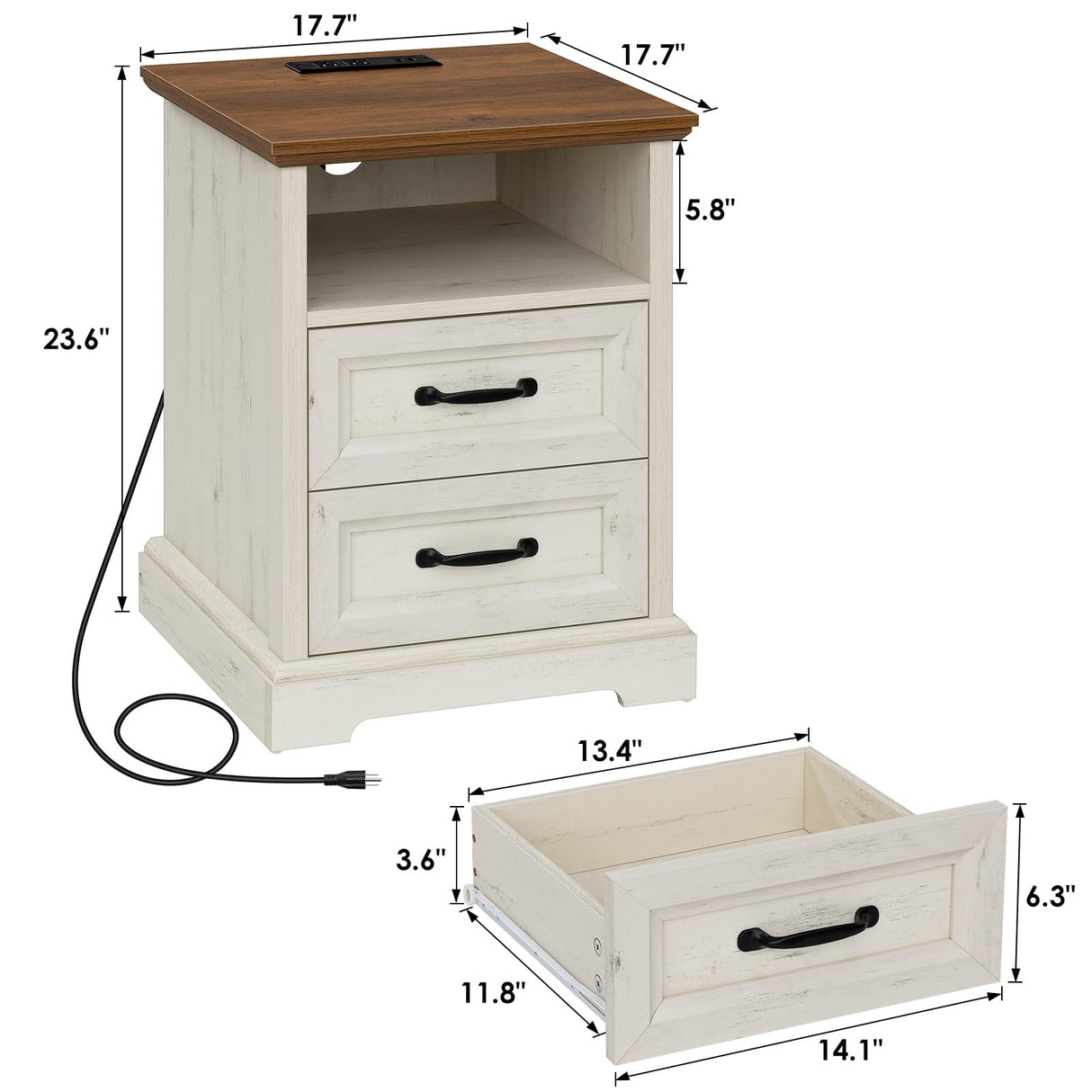 HOMMPA 18'' Farmhouse Nightstand with Charging Station, Bedside Tables with Storage, Bed Side End Table with Open Shelf, 2 Drawers Wood Night Stand Dresser for Bedroom, Living Room, Rustic White HOMMPA