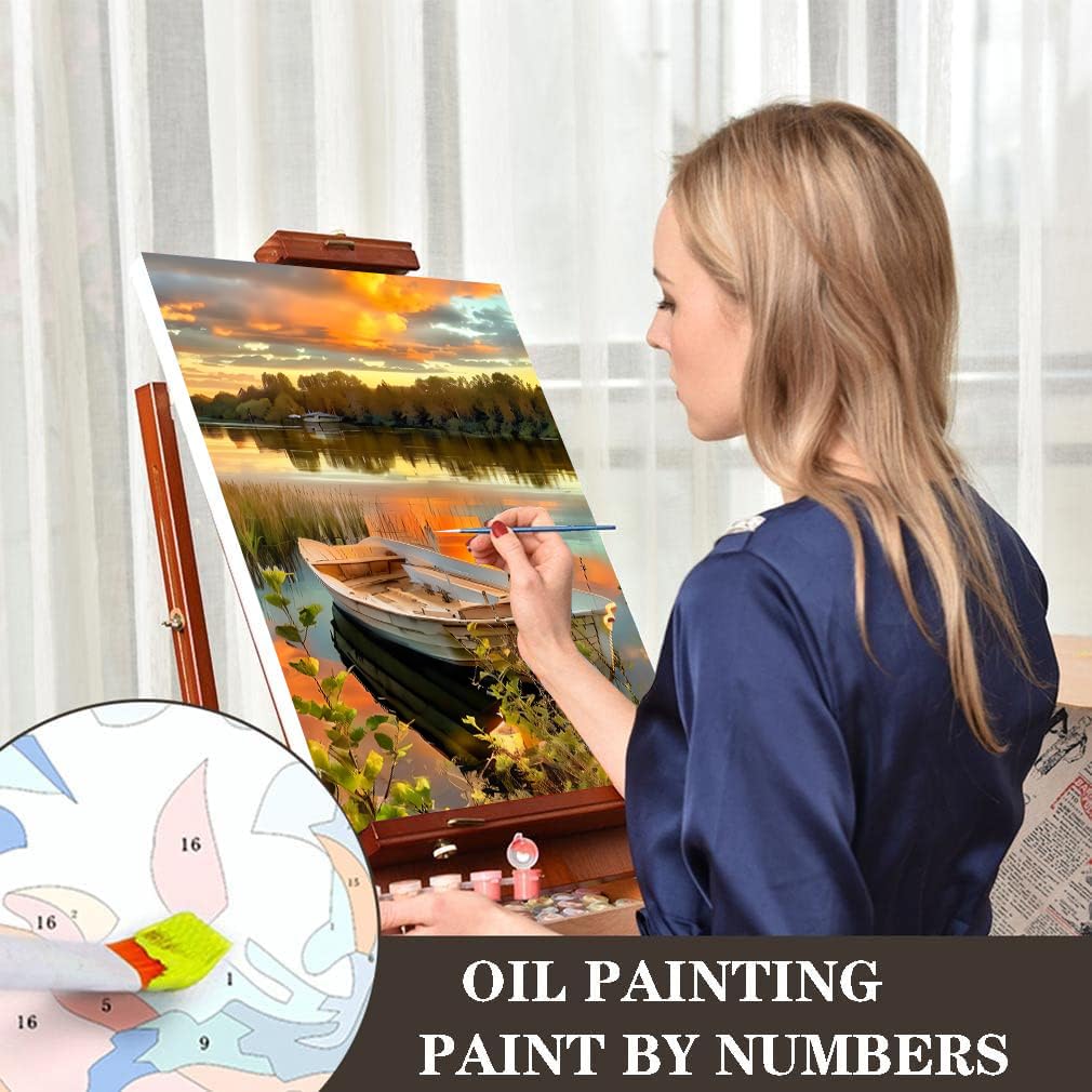 MXCFZX Sunset Beach Paint by Numbers kit for Adults,Beginner on Advanced Canvas Adult Paint by Number Kits ,Easy Landscape Painting by Numbers,Acrylic Paint Boat On Lake Crafts for Home Decor 8x12in MXCFZX
