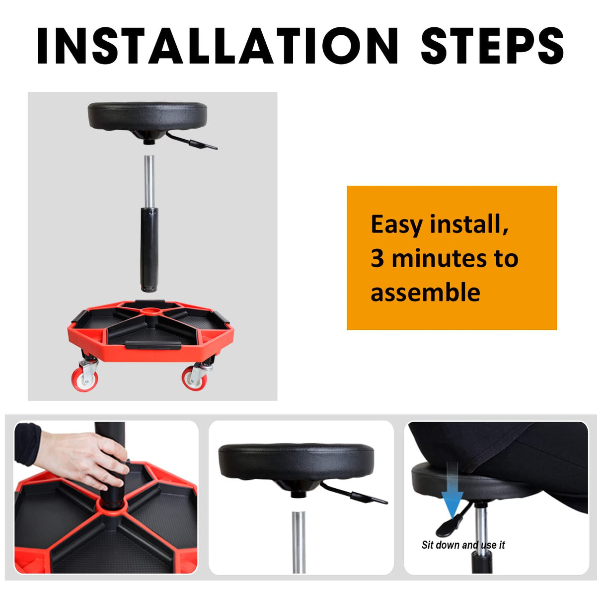 Torin ATRXF8308B Pneumatic Mechanic Stool/Rolling Shop Creeper Seat with Adjustable Height and 4 Removable Tool Trays, 300 lb Capacity, Black/Red Torin