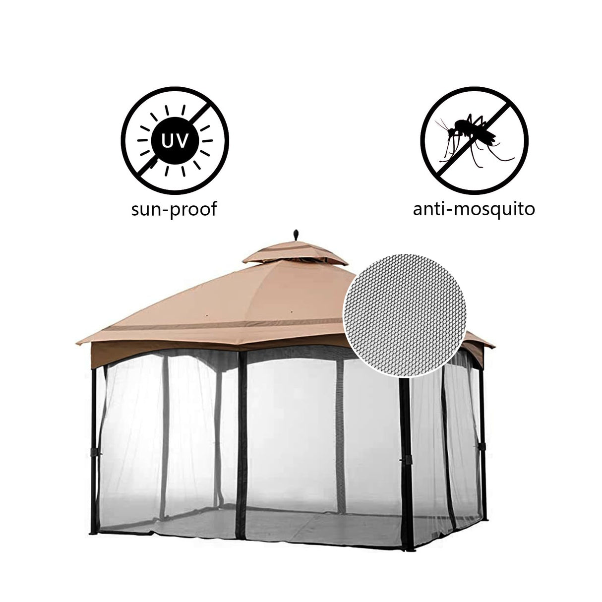 Hisecome 10' x 12' Gazebo Universal Replacement Mosquito Netting,Black Outdoor Canopy Net Screen 4-Panel Sidewall Curtain, with Zippers,Mosquito Netting(Only) Hisecome