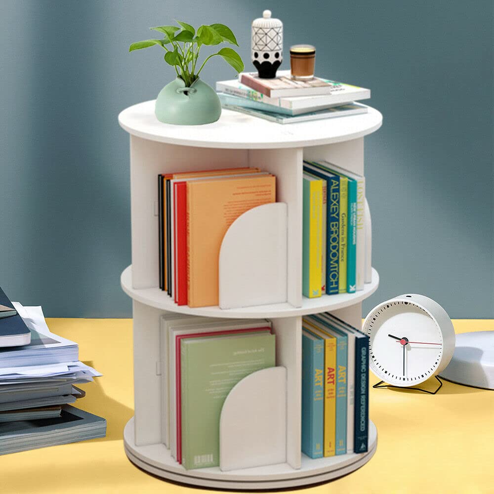 BJTDLLX 360° Rotating White Bookshelf, 2-Tier Freestanding Storage for Home & Office BJTDLLX