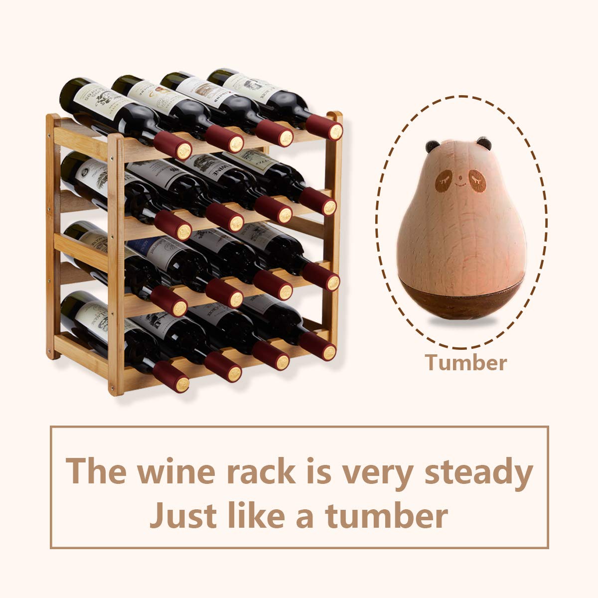 Homevany Bamboo Wine Rack, Sturdy and Durable Countertop Wine Storage Cabinet Shelf for Pantry - 4 Tiers 16 Bottle Wine Rack Homevany