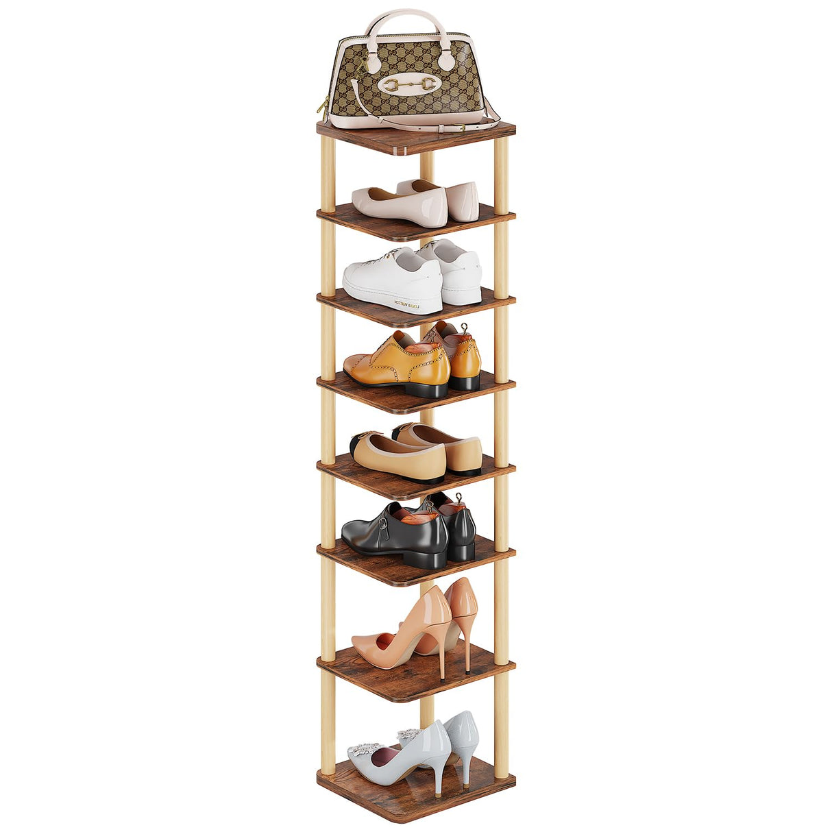 LUCKNOCK Vertical Shoe Rack, 8-Tier Tall Narrow Shoe Organizer for Entryway, Closet, Dorm & Small Spaces, Freestanding Wooden Shoe Shelf Tower for Boots, Sneakers, Heels. (Rustic Brown) LUCKNOCK