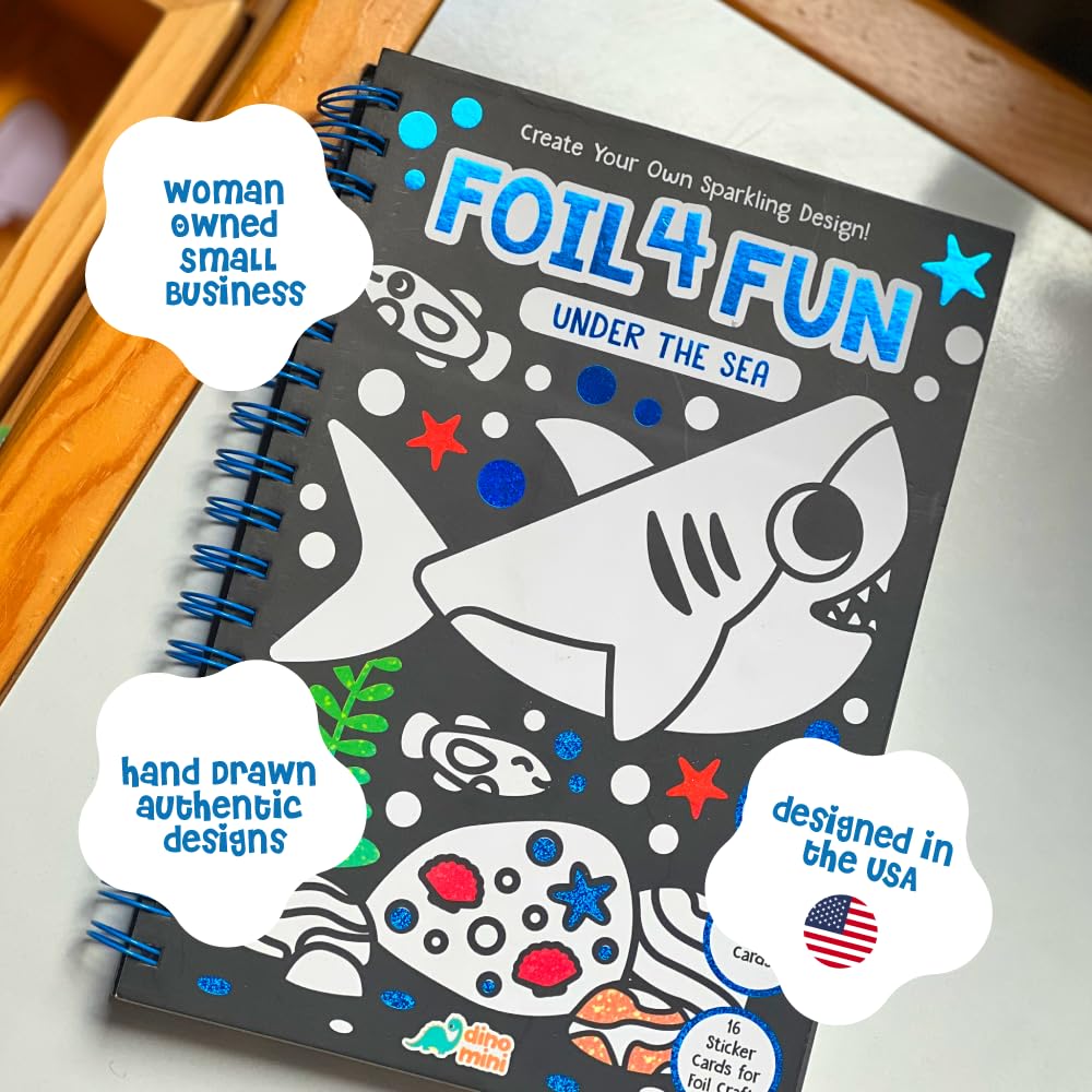 DINO MINI Foil4Fun - Foil Art for Kids - Craft Kits for Kids Ages 4-8 - Includes 16 Foil Art Pages and 16 Coloring Pages - Screen Free Birthday Gifts - Airplane and Travel Activities (Under The Sea) DINO MINI
