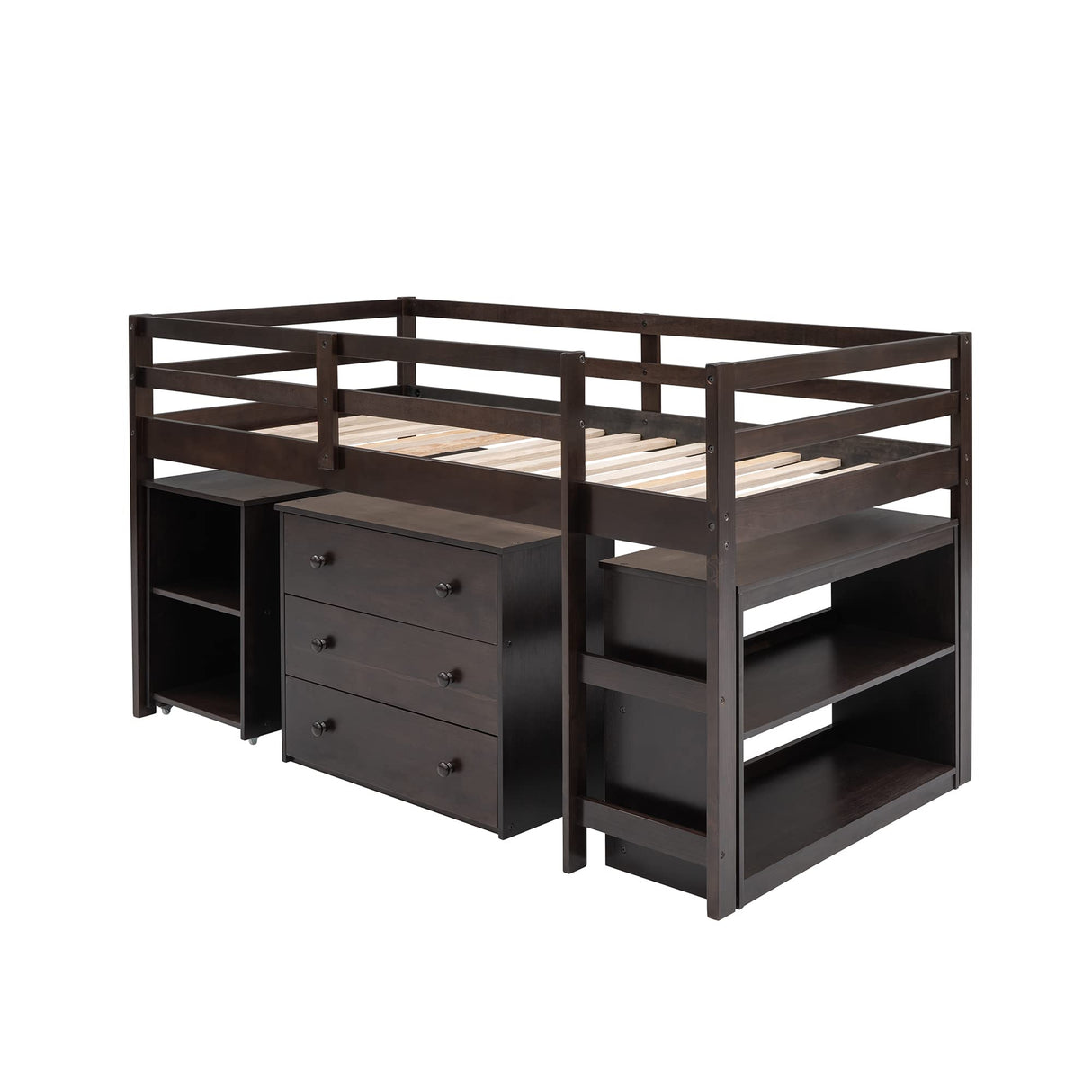 Twin Loft Bed with Desk Low Study Kids Twin Loft Bed with Storage Drawers, Low Loft Bed Twin for Kids Twin Loft Bed with Safety Guard Rails and Bookcase Shelf (Espresso, Twin Loft with Desk) Harper & Bright Designs