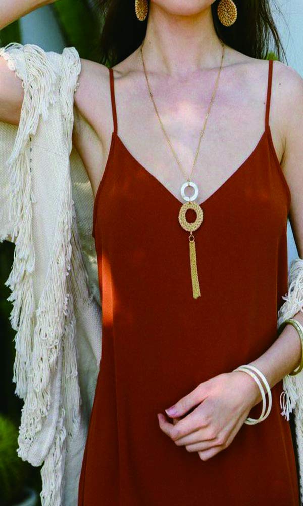 Long Necklace and Rattan Earrings Set for Women Handmade Long Tassel Rattan Necklace Wicker Earring Lightweight Weave Statement Jewelry (Brown) UYT