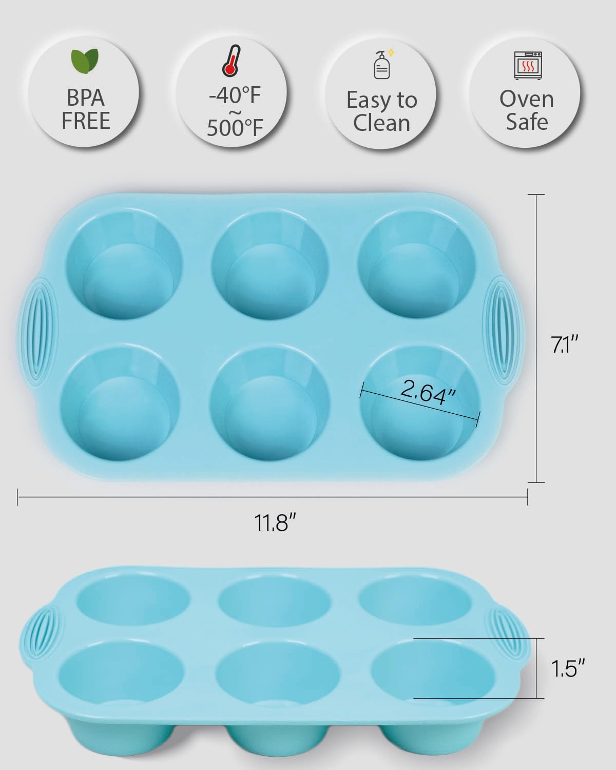 Bake Choice Silicon Muffin Pan-3-pack includes 100 Natural Cupcake Liners, 6-cavity Regular Size, BPA Free, Egg Bite & Muffin Molds for Baking Bake Choice