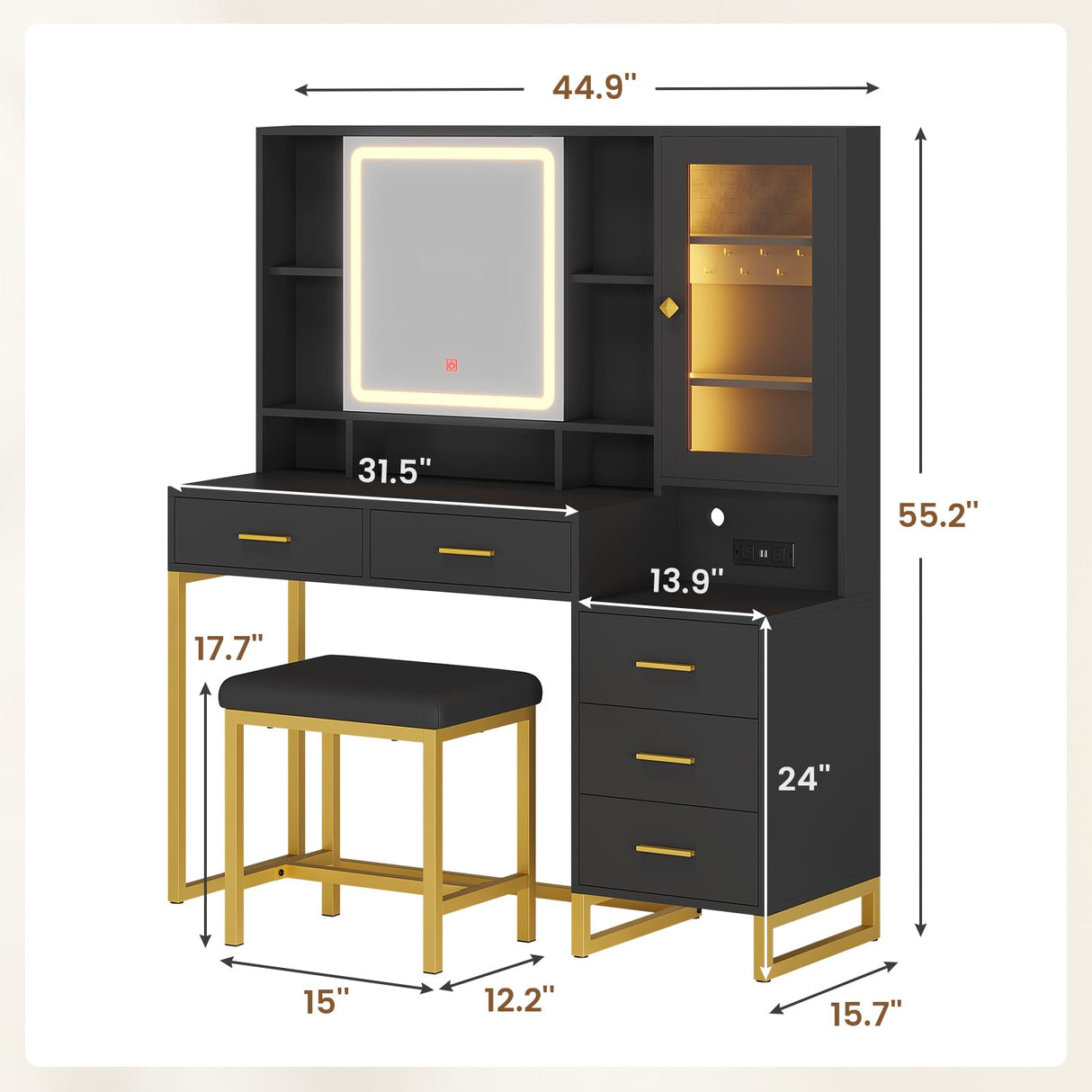 BTHFST Makeup Vanity with Upholstered Stool & Charging Station, Vanity Desk with Mirror and Lights & Jewelry Storage, Vanity Table Set with RGB Lights & 5 Drawers & Shelves, Black & Gold BTHFST