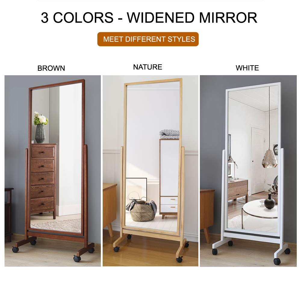 AISUNDY Swivel Adjustable Full Length Mirror on Wheels, Pine Wood Frame Cheval Bedroom Floor Mirror Dressing Mirror Body Mirror with Standing Holder (Brown, 65"x22") AISUNDY