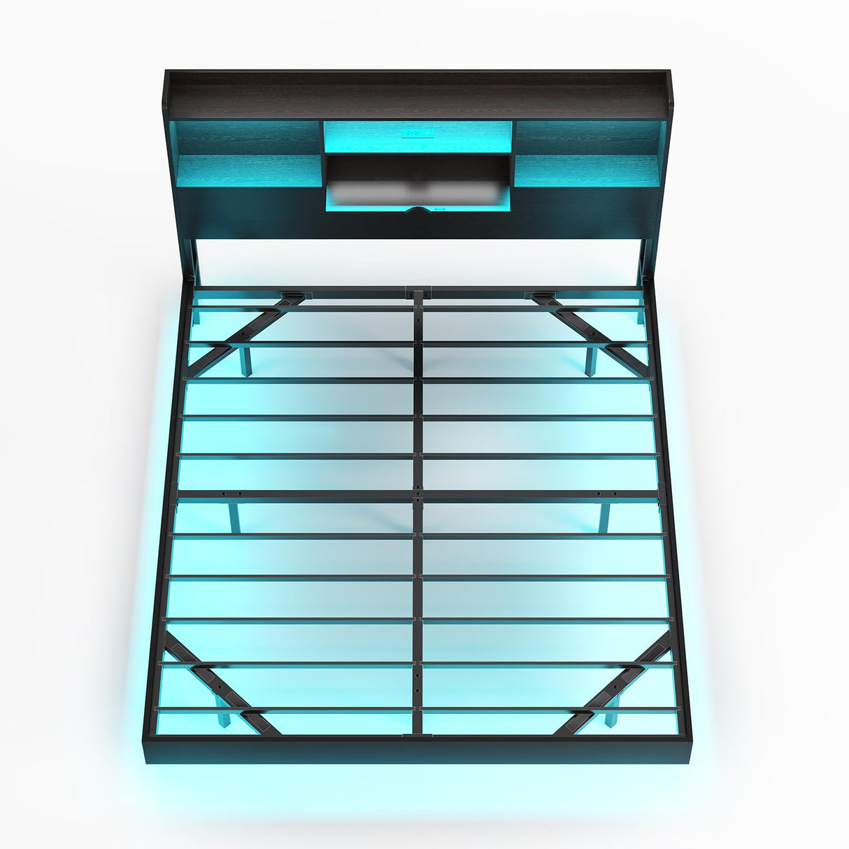 DICTAC Queen Floating Bed Frame with LED Lights and Headboard Storage, Visual Floating Bed with Charing Station, Queen Size Metal Platform Bed with Stable Structure, No Box Spring Need, Easy Assembly DICTAC