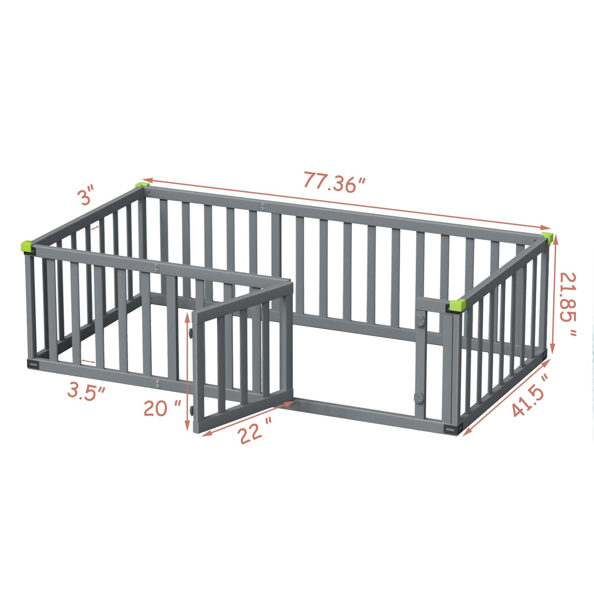 ROOMTEC Twin Size Montessori Floor Bed - Solid Wood Toddler Bed Frame with Convertible Door and Safety Fence in Grey ROOMTEC