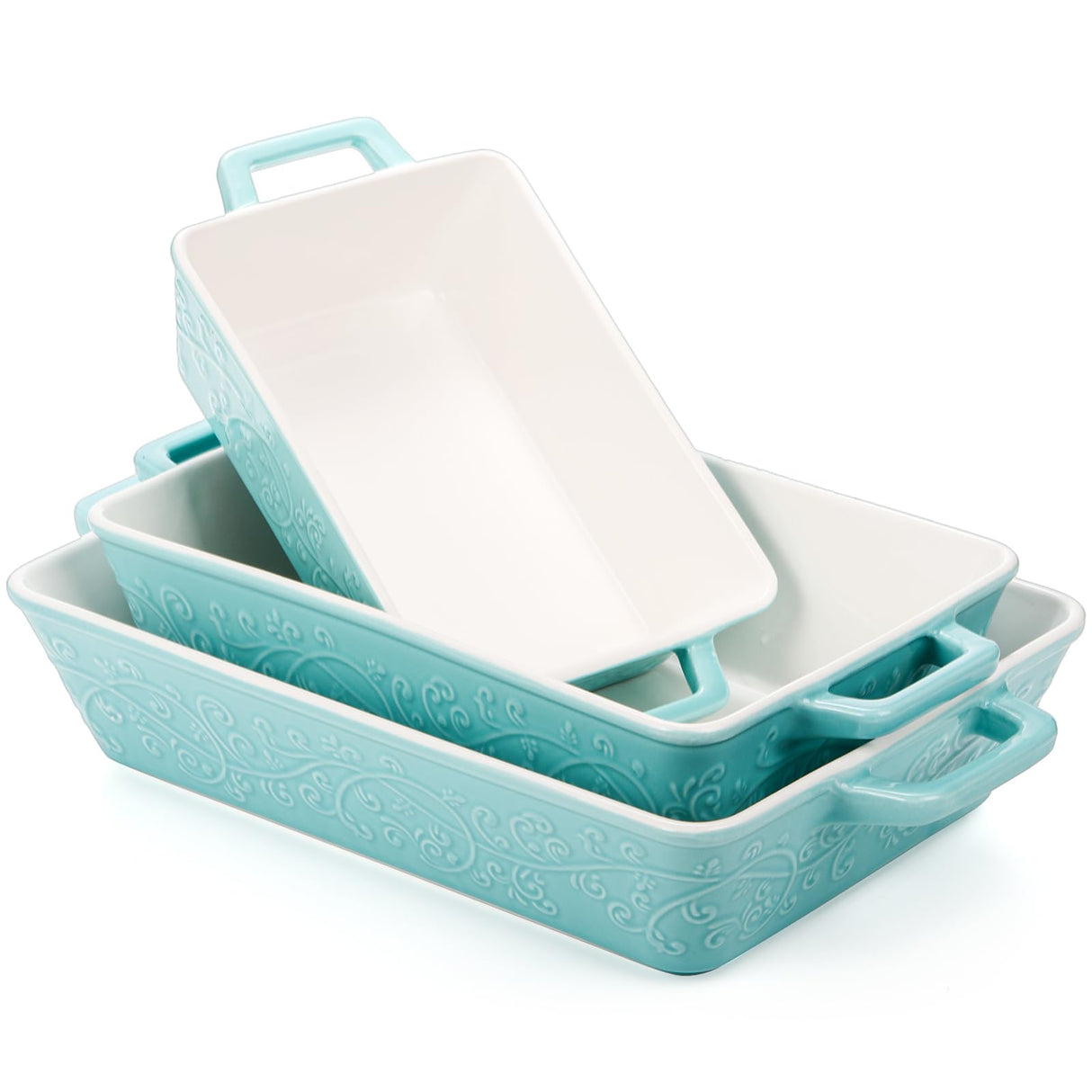 Okllen Set of 3 Casserole Dishes for Oven, Ceramic Baking Dishes with Handles, Rectangular Lasagna Pan Bakeware Set for Baking Cooking, Roasting, Broiling, Gratin, Wedding & Housewarming Gift, Blue Okllen