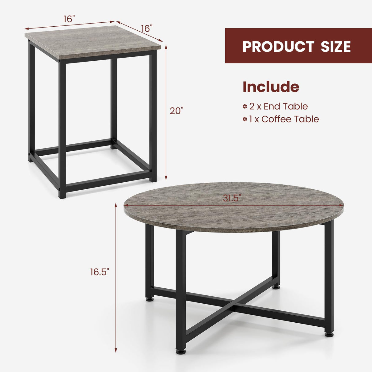 Giantex Round Nesting Table Set of 3, Farmhouse Coffee Table w/2 End Tables, Sturdy Metal Frame, 3-Piece Wooden Living Room Table Set for Home Office, Apartment (Black Oak) Giantex