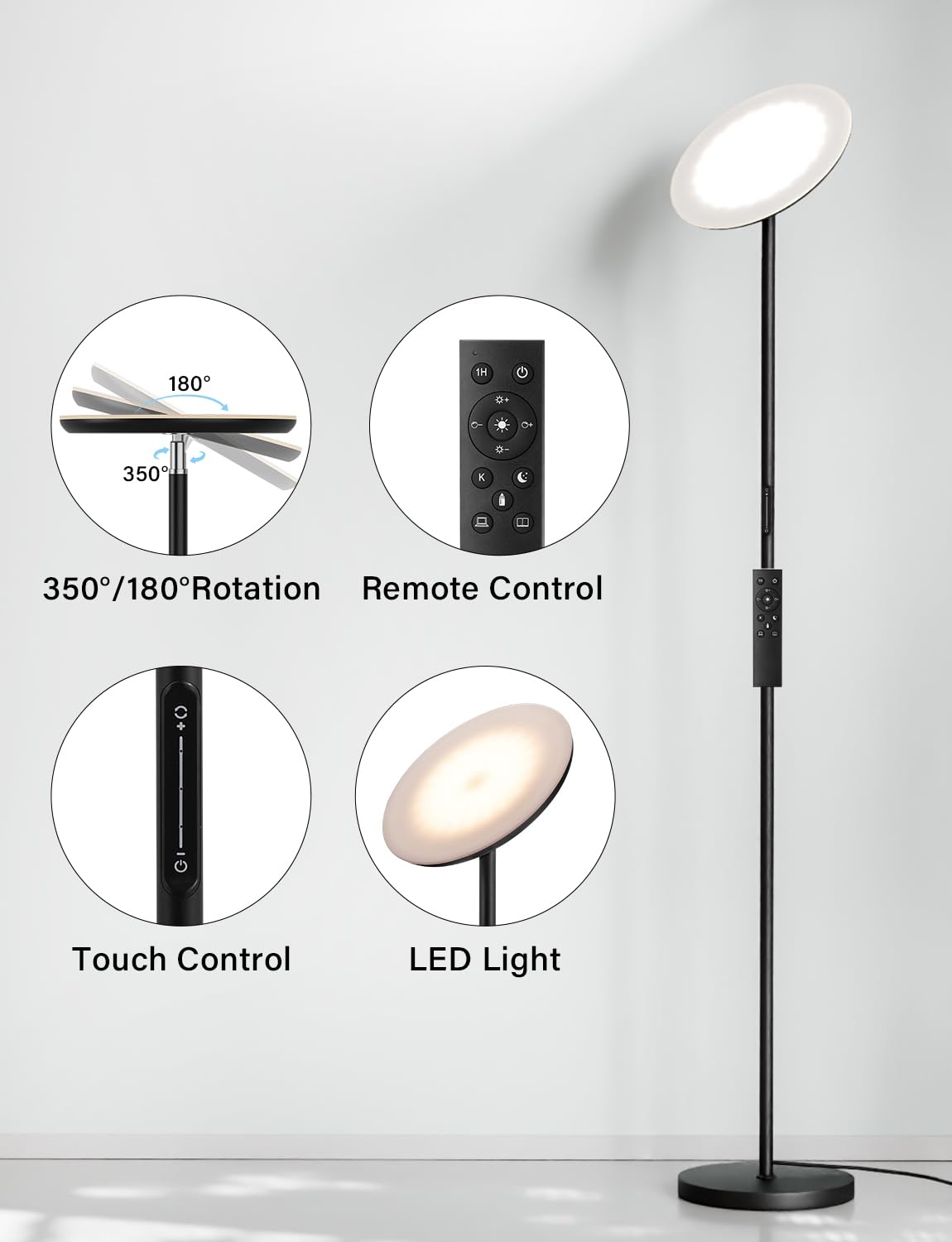 PreeOtti Modern LED Floor Lamp - Remote & Touch Control, 40W/2400LM Sky Torchiere Standing Lamp, Fully Dimmable, 3 Color Temperatures, Ideal for Living Room & Bedroom, Easy to Assemble PreeOtti