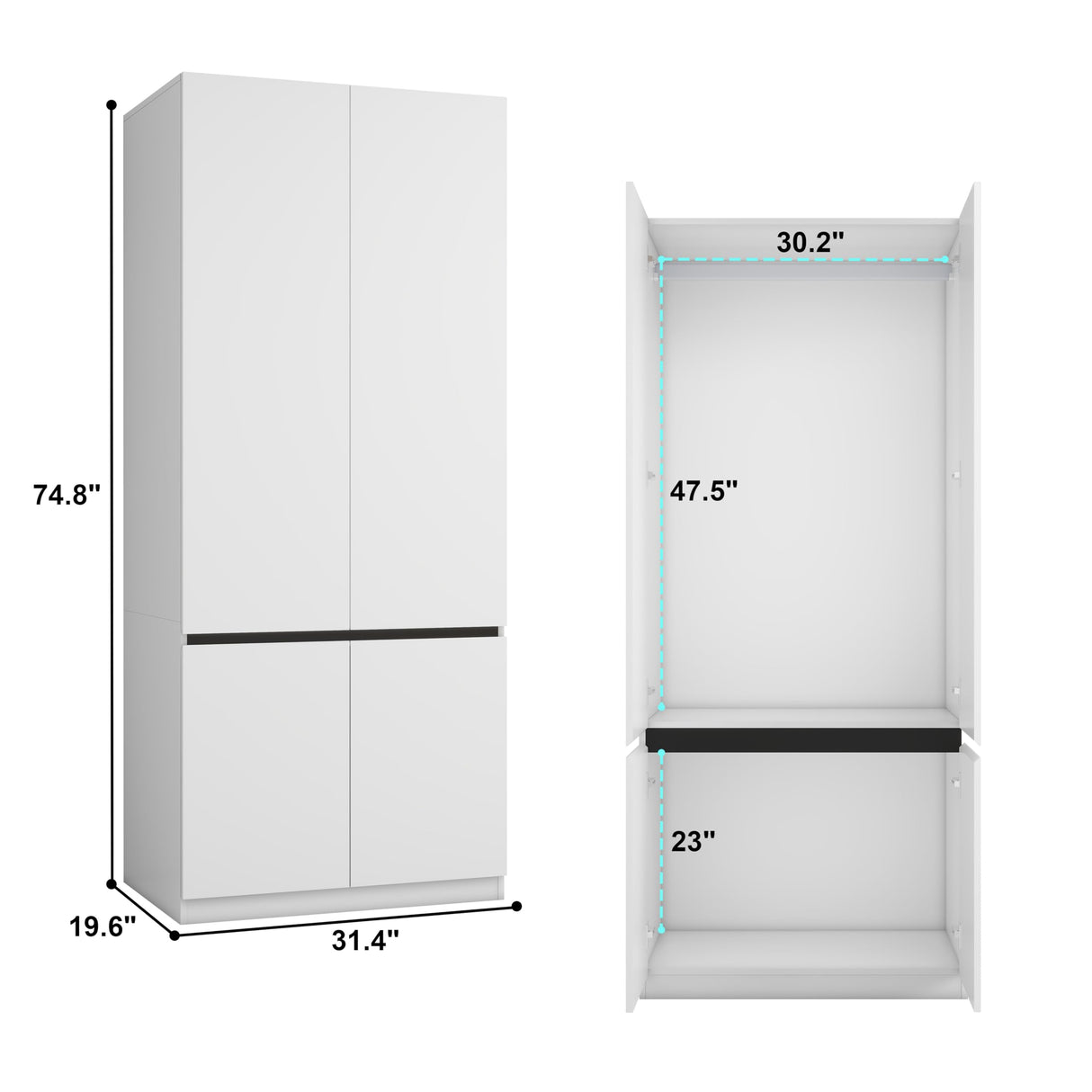LABROSKIA Bedroom Armoire Wardrobe Closet with 2 Doors: 75" White Wardrobe Cabinet for Clothes, Wooden Closet with Hanging Rod, Modern Armoire with Shelves (1) LABROSKIA