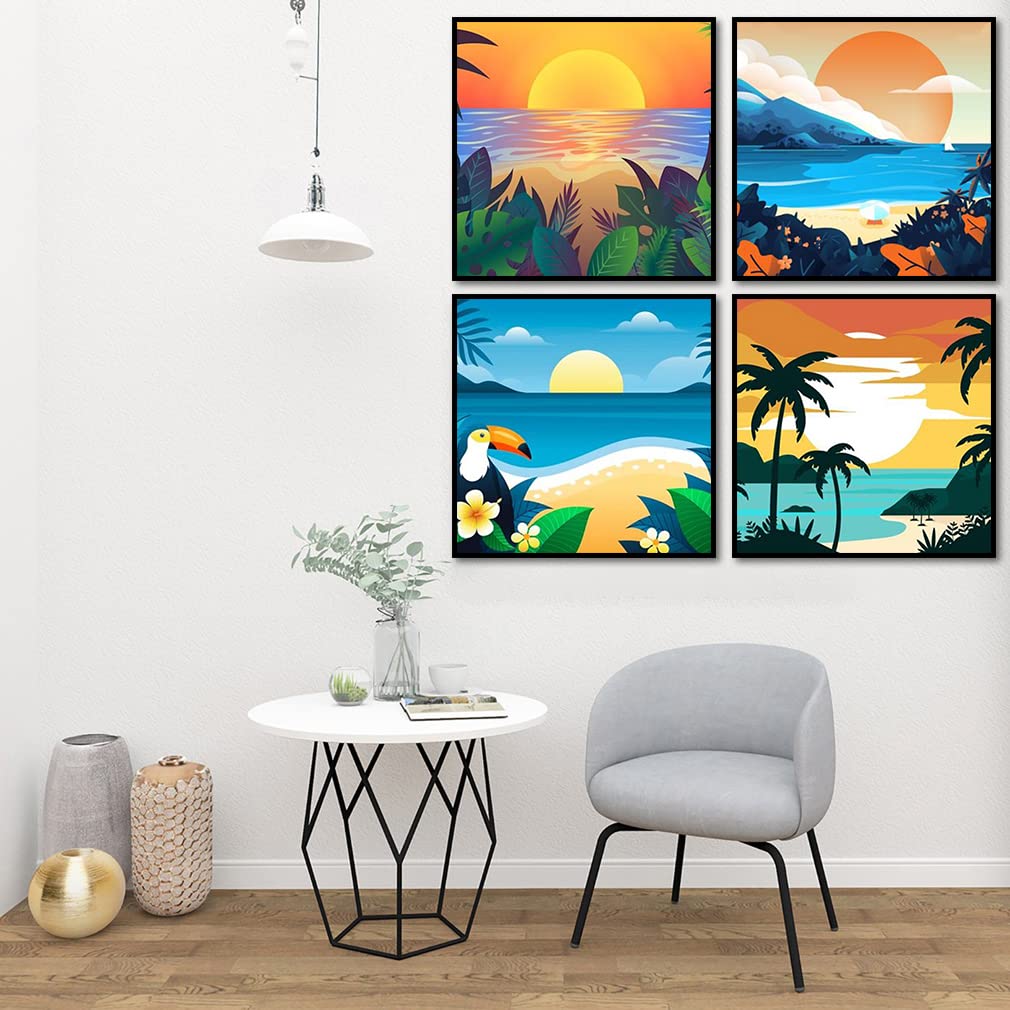 AOSGEDY 4 Pack Paint by Numbers for Adults and Kids Beginner,Landscape-Beach DIY Acrylic Painting Paint by Numbers Kits on Canvas for Kids Ages 4-8-12 Perfect for Home Wall Decor(8x8in) AOSGEDY