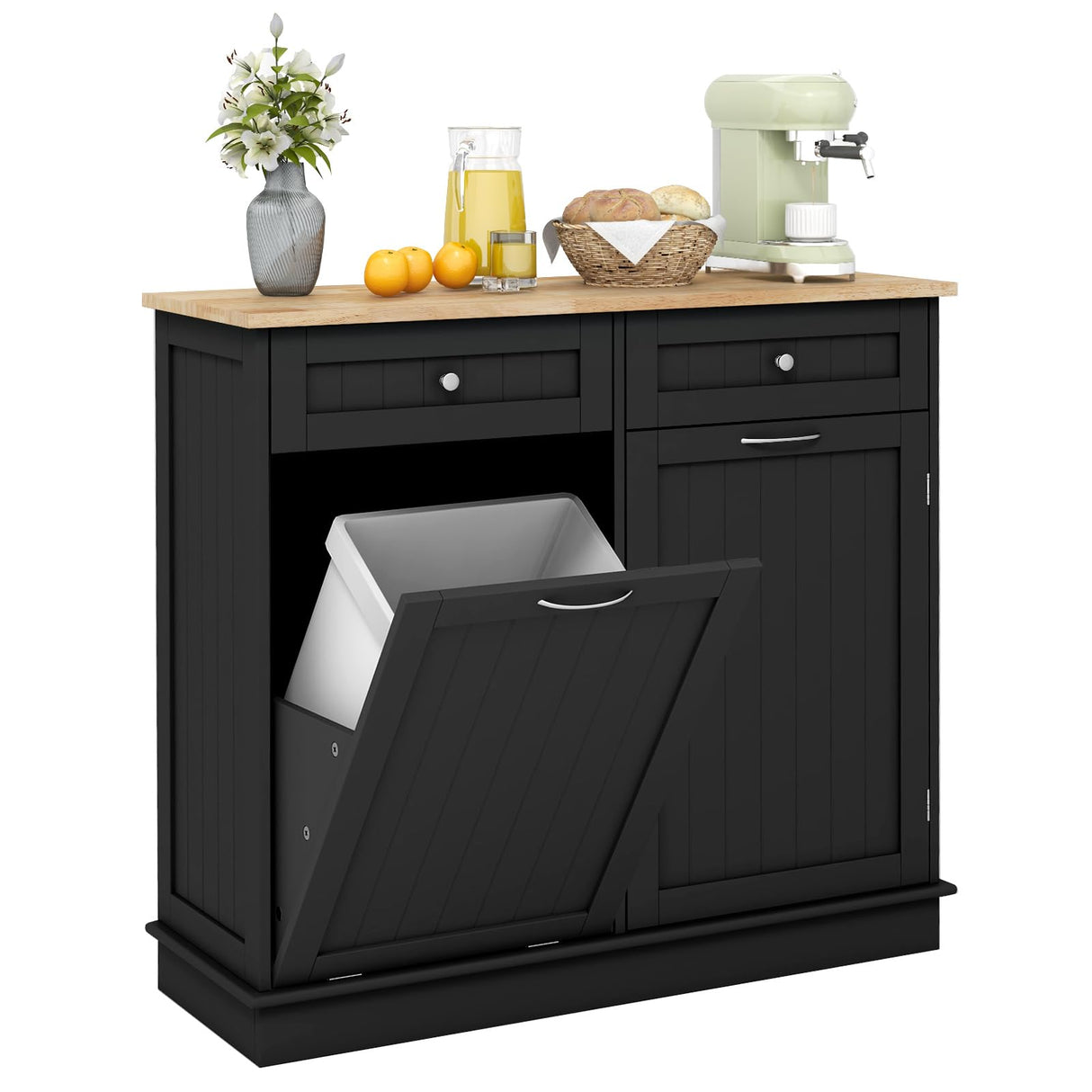 Giantex Kitchen Trash Cabinet, Kitchen Island with Tilt Out 15.5 Gallon Garbage Bin, Rubber Wood Countertop, Large Cabinet, 2 Drawers, Adjustable Shelf, Recycling Can Holder Organizer (Black) Giantex