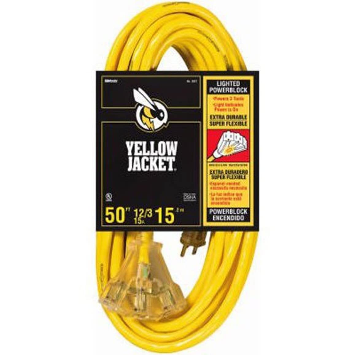Yellow Jacket Heavy Duty Extension Cord, 50Ft, 12 Gauge, 3 Conductor, Lighted End, 3-Outlet, Weather Resistant, SJTW, Yellow, 2827 Yellow Jacket