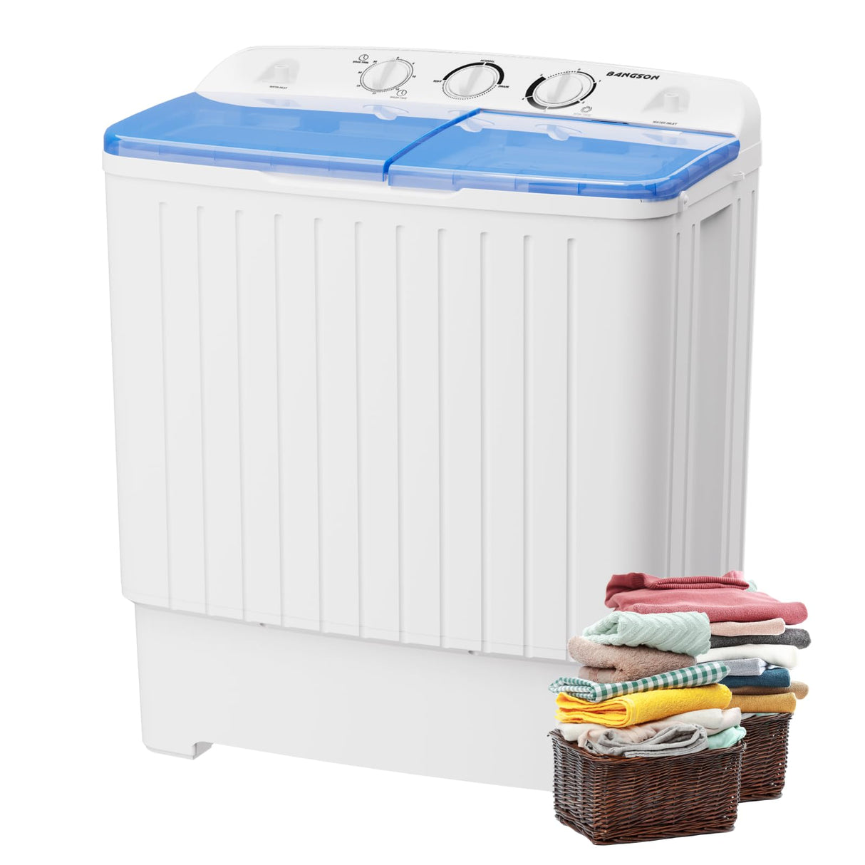 BANGSON Portable Washing Machine, Mini Twin Tub Washer and Dryer Combo with 17.6 lbs Large Capacity, Portable Washer for Apartment, Dorm, RV, Camping, Home, 25.6x14.2x28.8 inches, White & Blue BANGSON