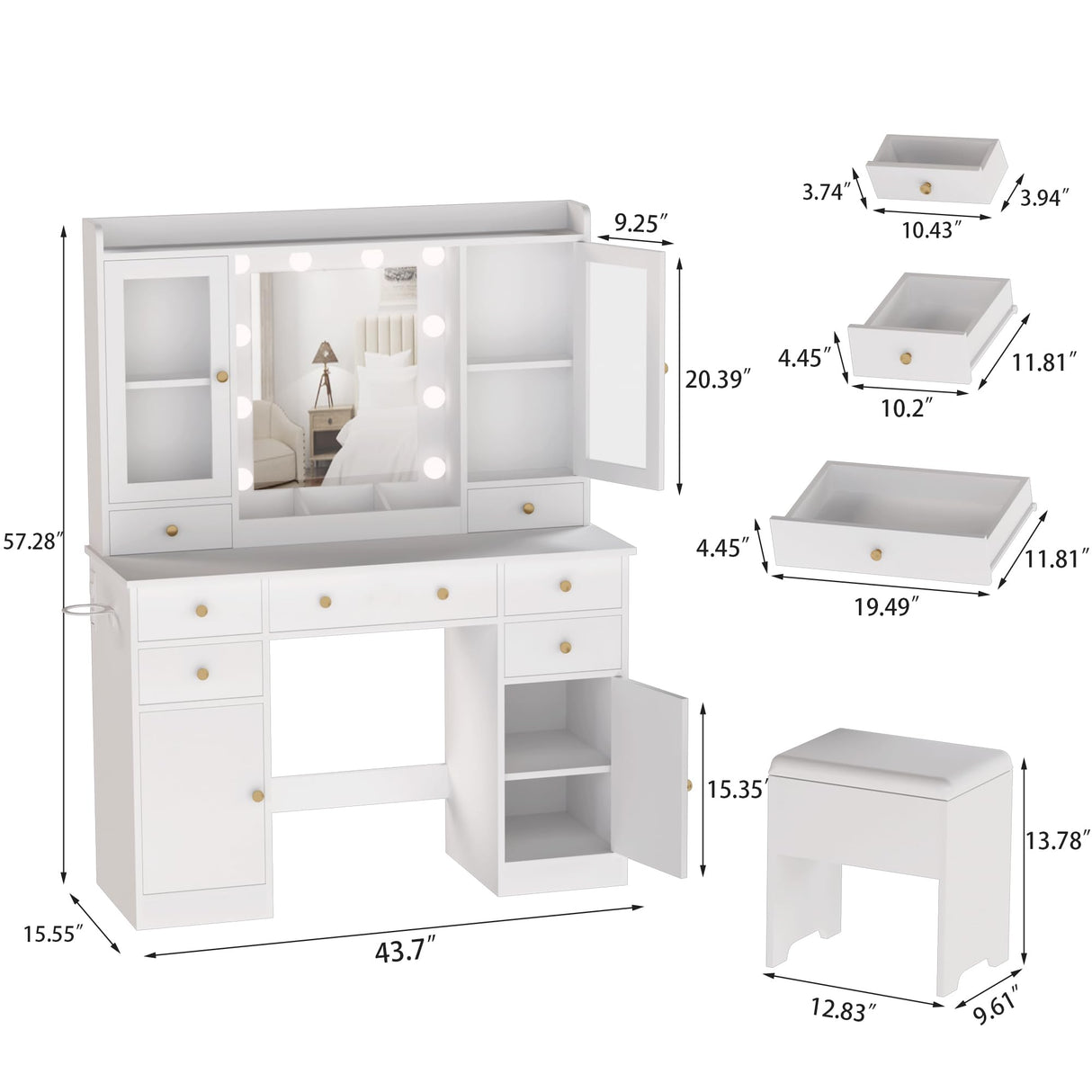 HUANLEGO Vanity Desk with Mirror and Lights, White Vanity Mirror with Lights Desk and Chair &7 Drawers, Cabinets Makeup Vanity Table with with Stool for Bedroom 3 Lights Mode and Brightness Adjusted HUANLEGO