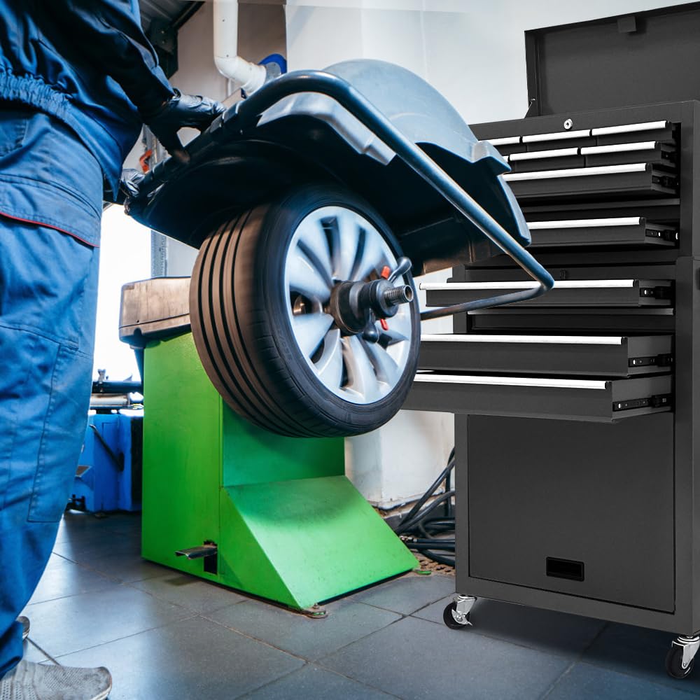 Kirmosal 13 Drawer Tool Chest,Toolbox with Wheels, Rolling Tool Cabinets with Drawers, Top Detachable Tool Chest with Hooks Handles for Workshop Mechanical Garage - Black Kirmosal