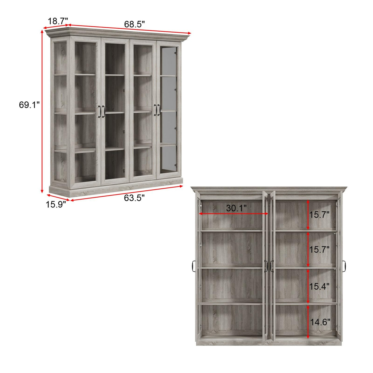 TAMUNE Display Cabinet with Lights, Bookcase Display Case Cabinet with 4 Glass Doors and 4-Tier Shelves, for Collectible, Grey Wood Grain 18.7" D x 68.5" W x 69.1" H TAMUNE