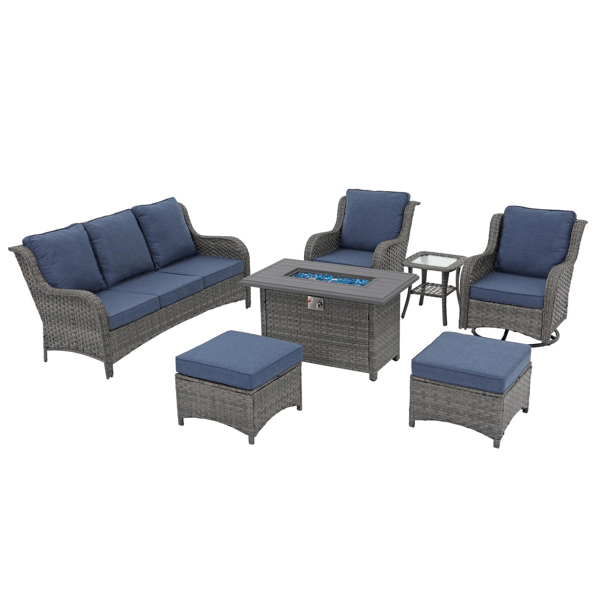 SUNSITT Outdoor Furniture Set with Fire Pit Table Wicker Patio Conversation Set 7-Piece Patio Sectional Furniture Set with Gas Firepit with Swivel Patio Chair Grey Wicker & Denim Blue Cushion SUNSITT