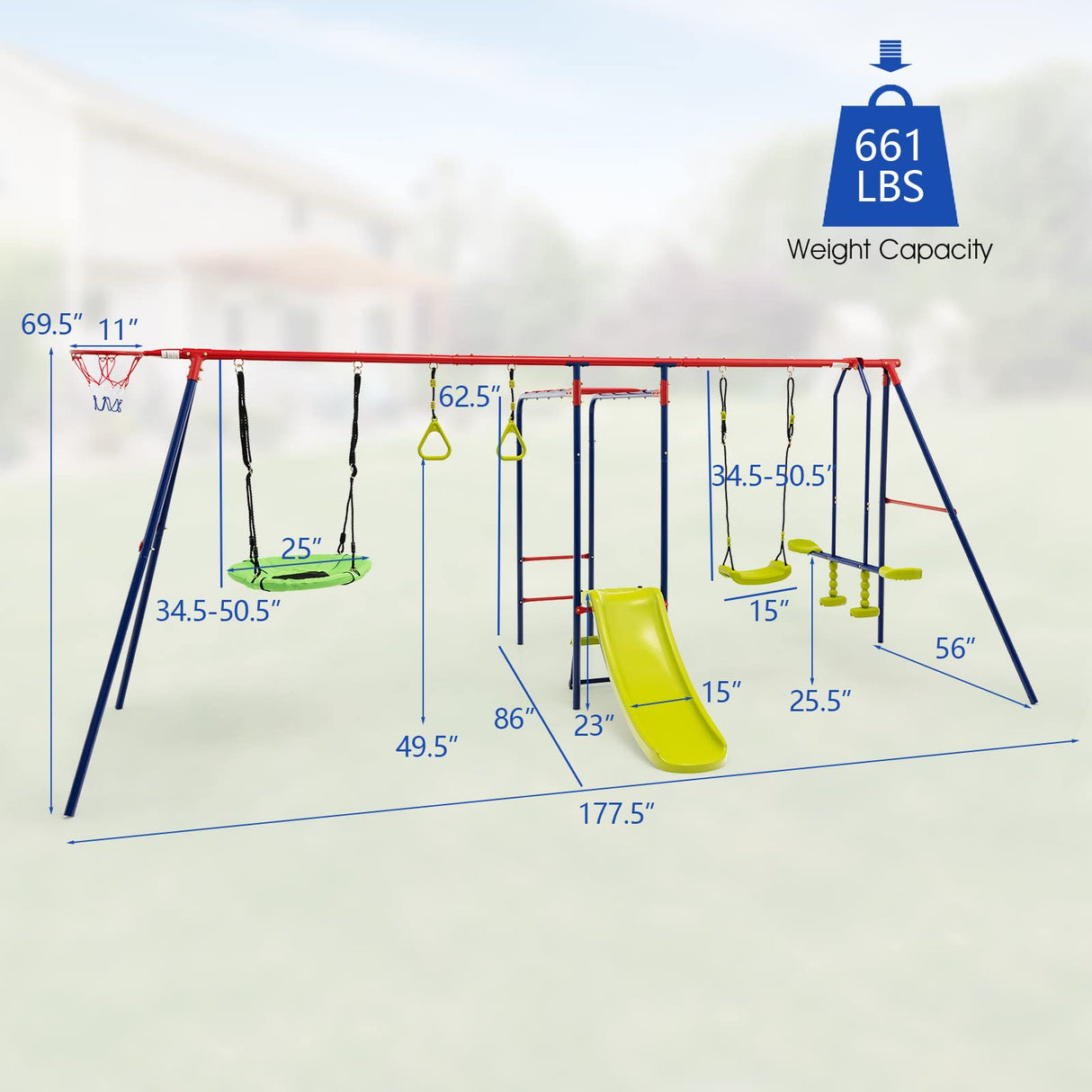 OLAKIDS Swing Sets for Backyard, 7 in 1 Outdoor 660LBS A-Frame Heavy Duty Metal Swing Stand with Monkey Bar for Kids, Playground Playset with Slide, 2 Swings, Glider, Trapeze Rings, Basketball Hoop Olakids