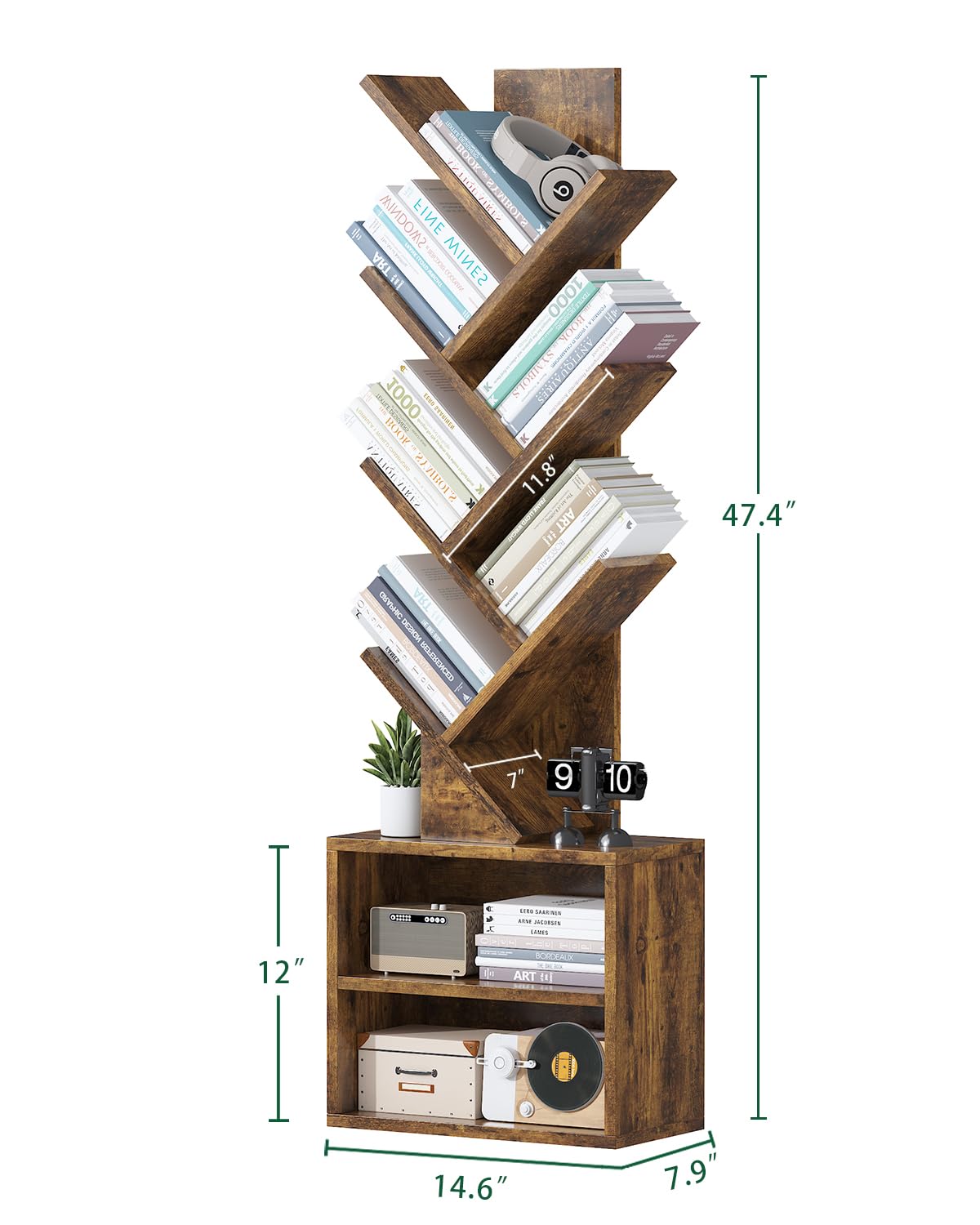 FFFlowerBBBook 6 Tier Tree Bookshelf,Small Bookcase with Storage Cabinet, Modern Tall Narrow Bookshelves Organizer, Floor Standing Book Shelf for Bedroom/Living Room/Home Office/CDs/Movies/Corner FFFlowerBBBook