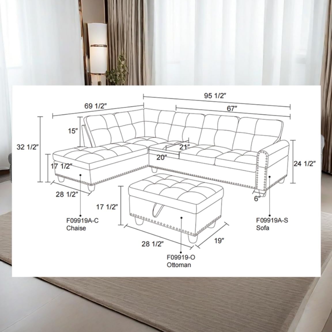 GlasFlength L Shaped Sectional Couch Ottoman, Modern Nailhead Comfy Lounge Sofa with Reversible Cup Holder & Chaise, 97" 4 Seat Modular Sofá for Living Room Apartment, Grey GlasFlength